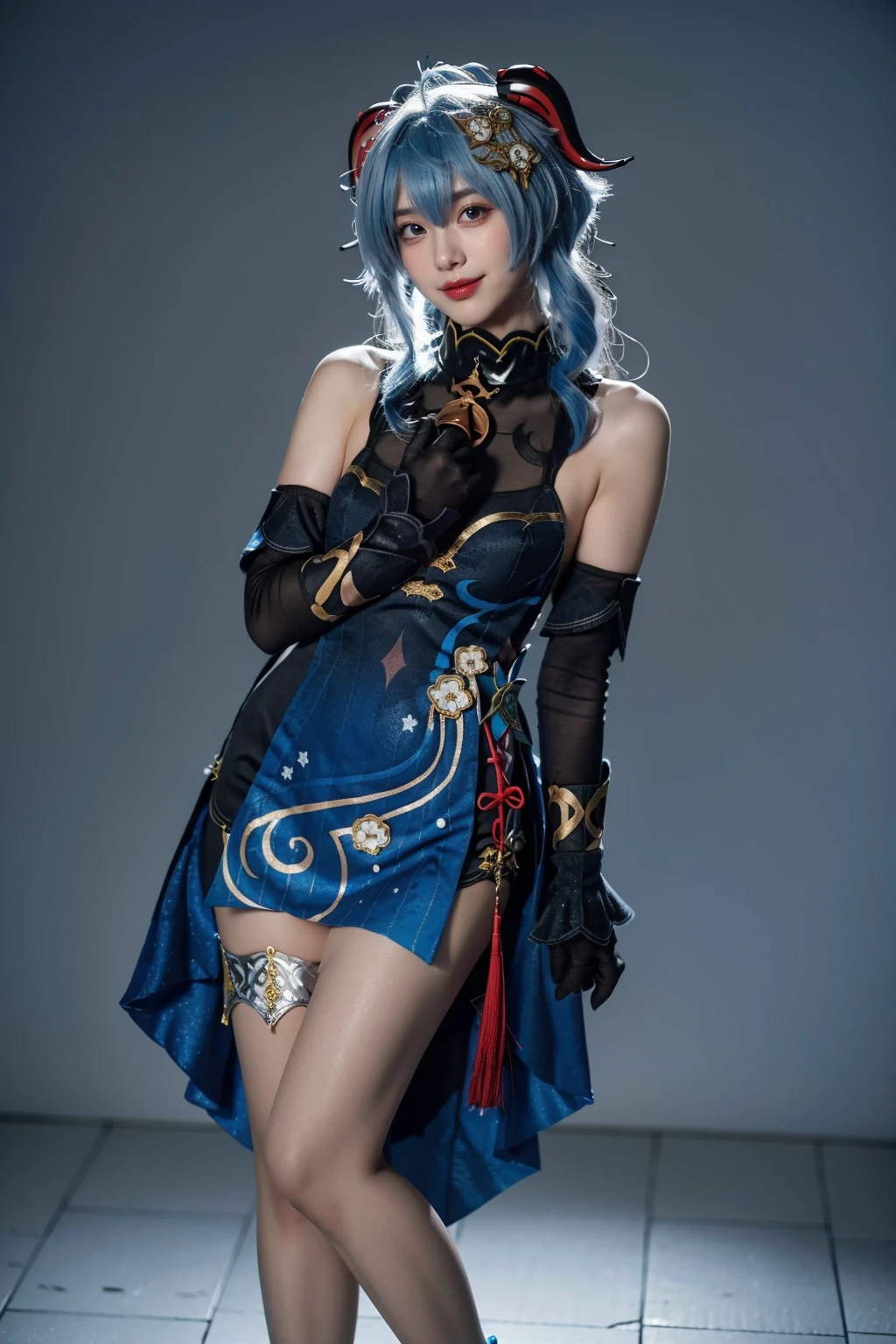 best quality,masterpiece,realistic,photorealistic,1girl,solo,looking at viewer,smile,standing,full body,ganyu cosplay costume,ganyu,genshin impact,cosplay,alternate costume,blue hair,long hair,horns,hair ornament,hair between eyes,dress,blue dress,china dress,sleeveless dress,bare shoulders,detached sleeves,gloves,elbow gloves,thigh strap,bell,high heels,simple grey background,<lora:Genshin_Ganyu_Lantern_Rite_cosplay_v1:0.7>,