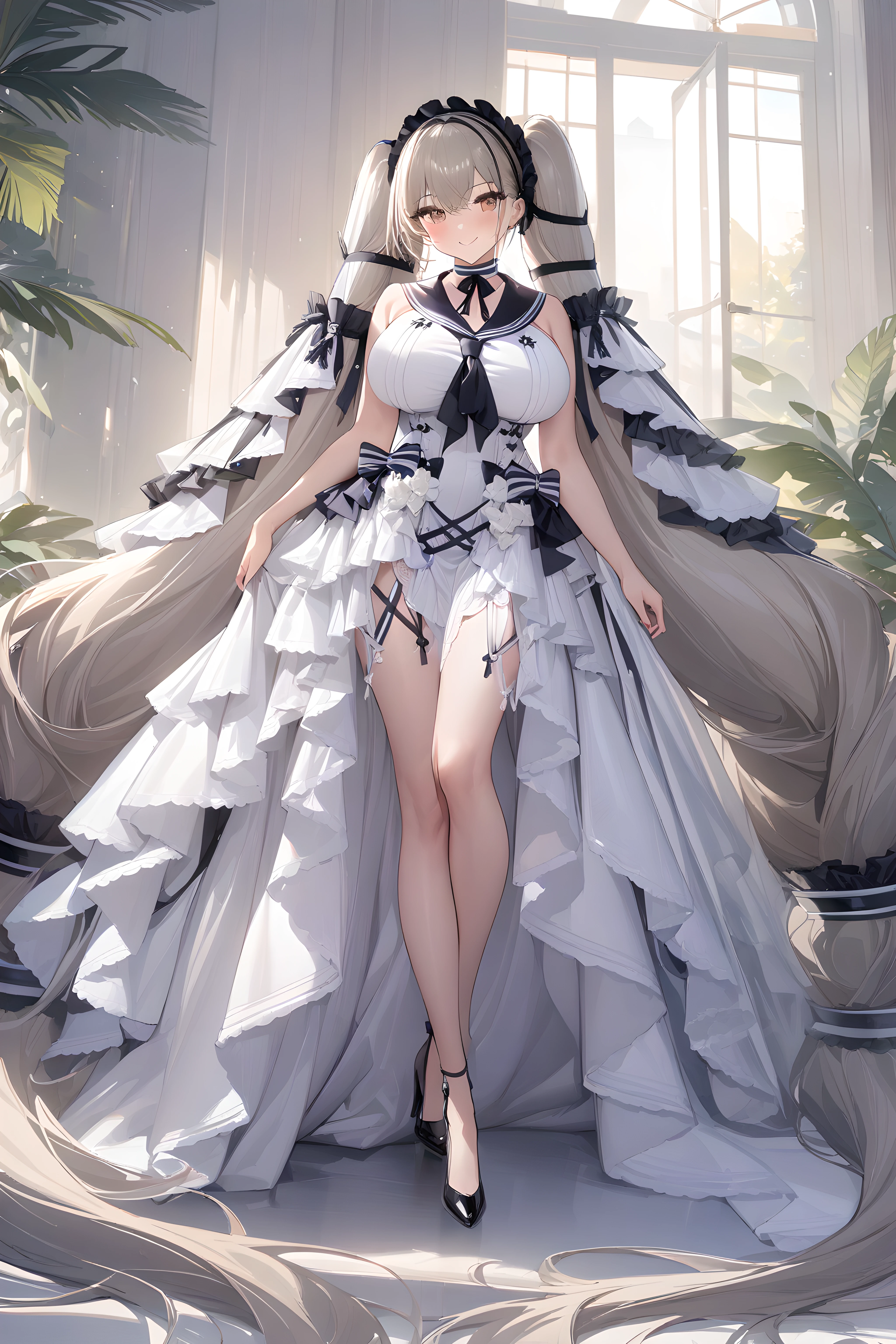 (masterpiece),(best quality),(ultra-detailed),(best illustration),(best shadow),(absurdres),(detailed background),(very aesthetic), formidable, 1girl, long hair, absurdly long hair, dress, solo, very long hair, breasts, twintails, white dress, official alternate costume, full body, black footwear, simple background, high heels, black sailor collar, timeless_classics, smile,  <lora:formidablebooru:1>