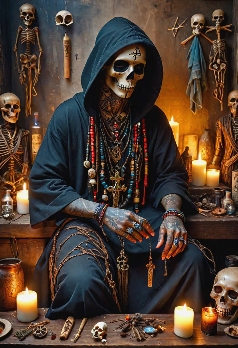 a voodoo man, wearing voodoo style clothing sitting in a voodoo shop, hooded cloak, voodoo symbols and tattoos, candles, vials of various things, bones and skull decor, ritualistic decor, smokey, highly detailed, (masterpiece, high detail, best quality), realistic