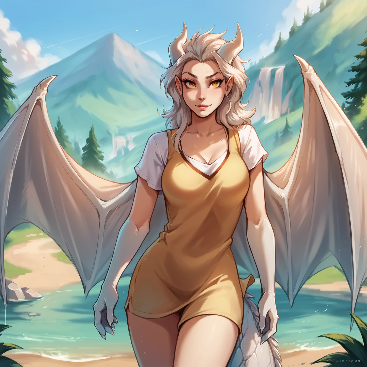 ultra-detailed, masterpiece, masterwork, high quality, best quality, hdr, (nature, forest, waterfall), posted on e621, (by hioshiru), nsfw, female, solo, (red little body minotaur), dragon, (long silver hair, yellow eyes, white chubby body), stylish pose, from below, dynamic angle, (nude, foreskin, perfect balls)