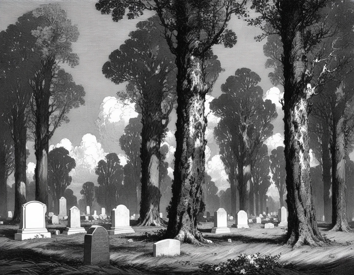 franklin booth style, landscape, clouds, graveyard, grass, tall trees, sky, graves, leaves, monochrome <lora:franklin_booth_style_sdxl_v7:1>