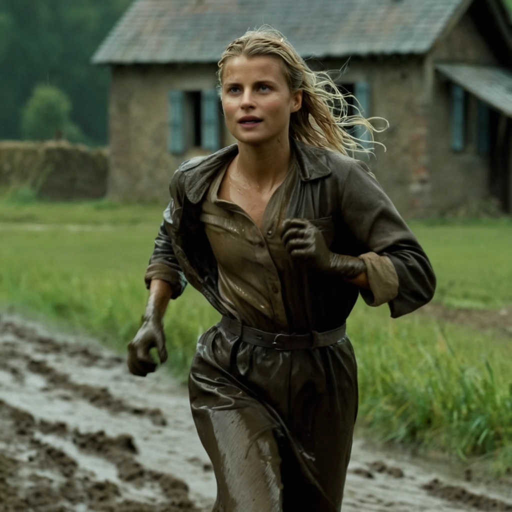 cinematic film still of <lora:detailed:0.2> 
<lora:perfection style:0.2>
<lora:Ron Fricke style:0.1>
 <lora:Inglourious Basterds film style:0.9>
Mélanie Laurent Shosanna a wet hair french woman in dirty cloth with her face and body covered in mud running in a field with a house in the background,1girl,solo,smile,brown hair,gloves,1boy,male focus,outdoors,fingerless gloves,blurry,grass,running,realistic , 1940's, Inglourious Basterds film style, shallow depth of field, vignette, highly detailed, high budget, bokeh, cinemascope, moody, epic, gorgeous, film grain, grainy