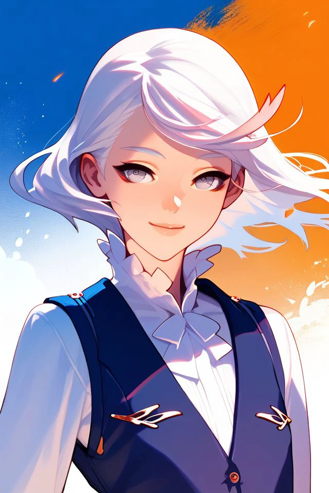 score_9, score_8_up, score_7_up, 1girl, closed_eyes_smile, hands_on_own_chest, white hair, swept_bangs, silver eyes, flat chest, vest, beautiful background, bedroom <lora:Ban!_(bansankan)_PonyXL_style_v01:1>