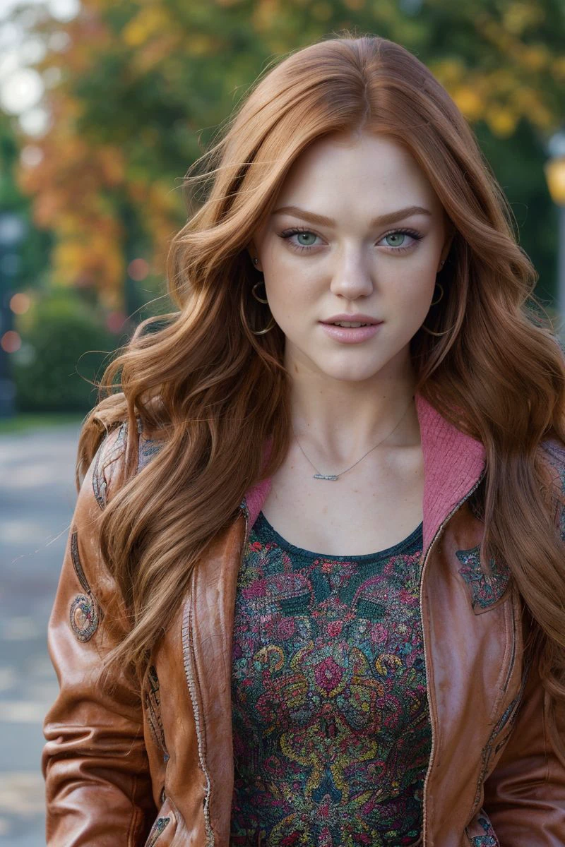headshot of S410_FarrahFlower,a gorgeous woman,in a (park:1.1),wearing a (jacket:1.1),(updo-hair),(4k, RAW photo, best quality, 50mm, depth of field, ultra high res:1.1),(intricate, photorealistic, cinematic-shot, masterpiece, ultra-detailed:1.1),