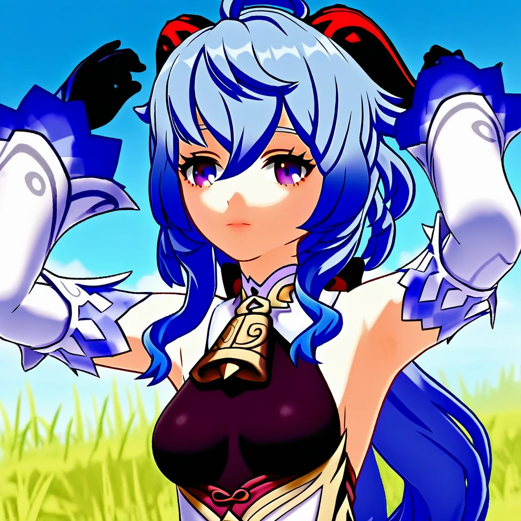 ganyu, 1girl, detached sleeves, solo, horns, looking at viewer, blue hair, ahoge, sidelocks, purple eyes, bell, gloves, long hair, neck bell, armpits, arms up, outdoors, black gloves, white sleeves, medium breasts, sky, hair between eyes, grass, bare shoulders, black bodysuit, parted lips, bodysuit, upper body
