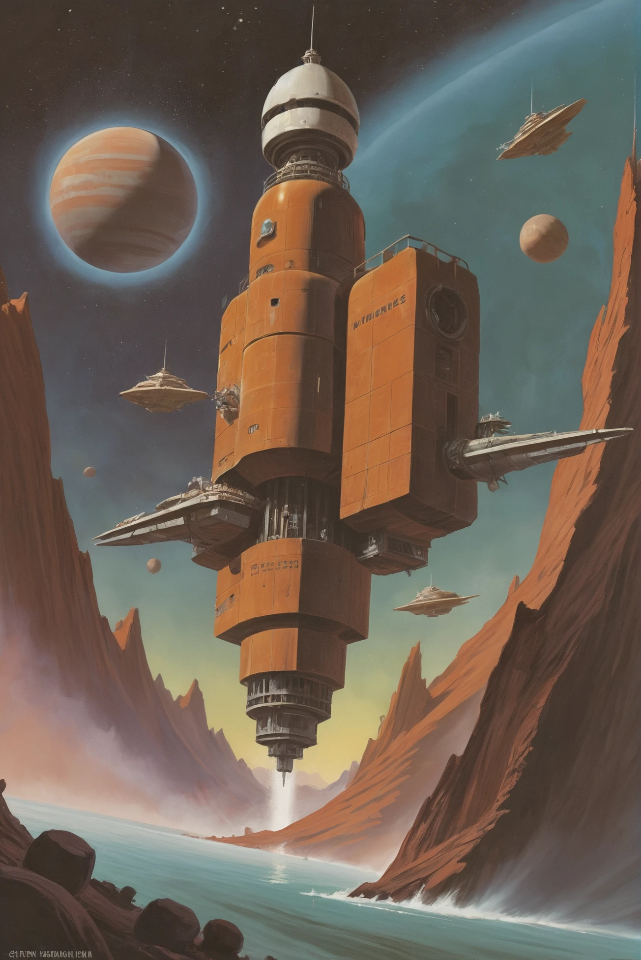 vintage 1980s pulp scifi poster, A towering, bulky, brown interplanetary freighter <lora:80s_cover_art:1:1:lbw=SDXL_STYLE>