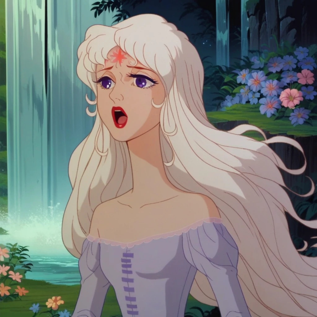 score_9, score_8_up, score_7_up,derpibooru_p_95, source_anime, very aesthetic, anime screencap, anime coloring, amalthea, ladyamalthea, lastunicorn, 1girl, solo, long hair, open mouth, long sleeves, dress, bare shoulders, purple eyes, collarbone, flower, white hair, outdoors, water, off shoulder, star (symbol), lips, makeup, facial mark, lipstick, nature, blue flower, forehead mark, red lips, waterfall