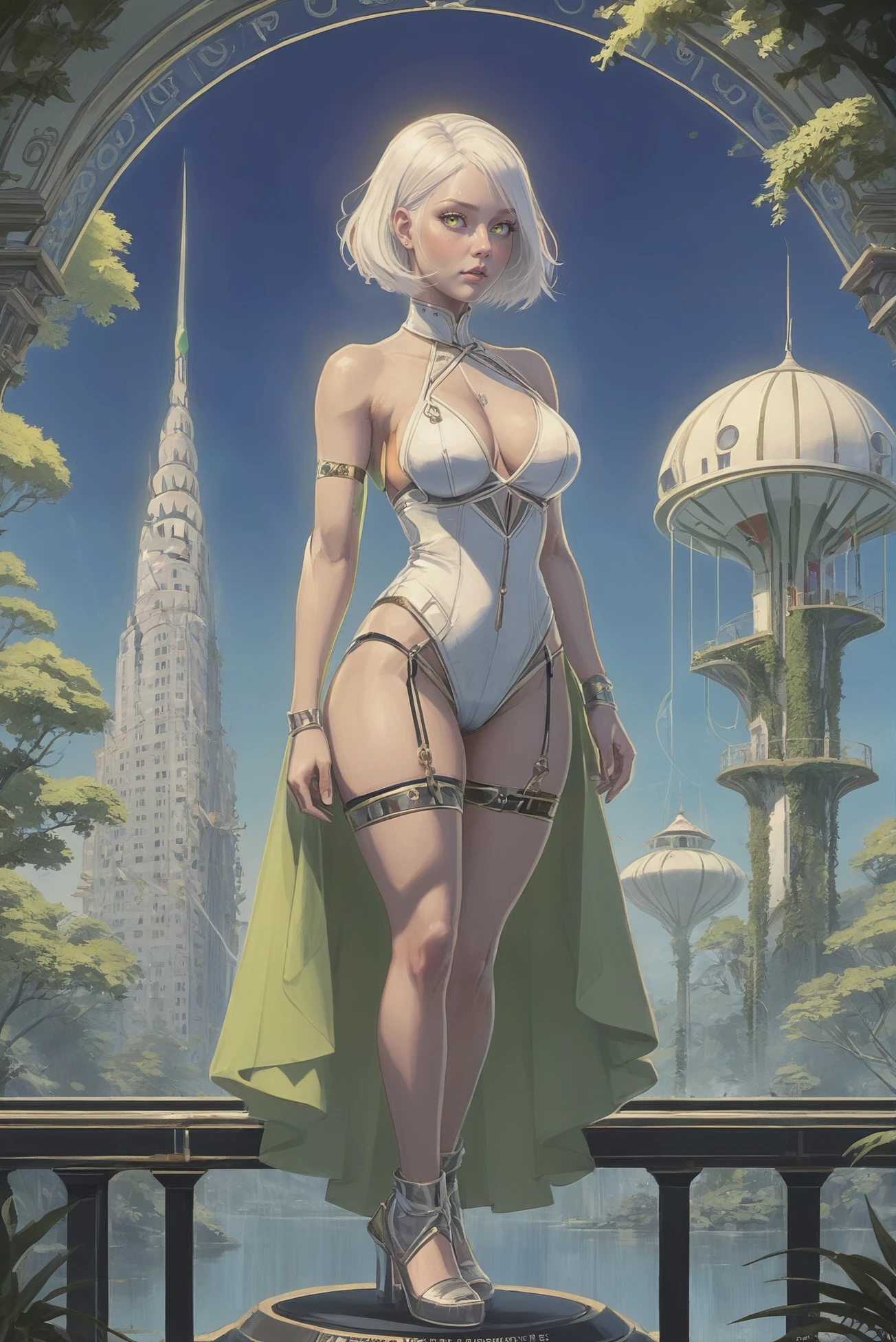 dieselpunk art deco poster
1girl, woman, cyphermage, full body, outlandish costume design, bombshell hair, glowing color:white hair, Reverse Bob, neon yellowgreen clothes, small breasts, narrow waist, tall, thicc toned hourglass figure,(muscular legs:0.25), albino, noon, blue sky, clouds, architecture, Mangrove forest<lora:EnvyStarlightArtDecoPoster01:1>