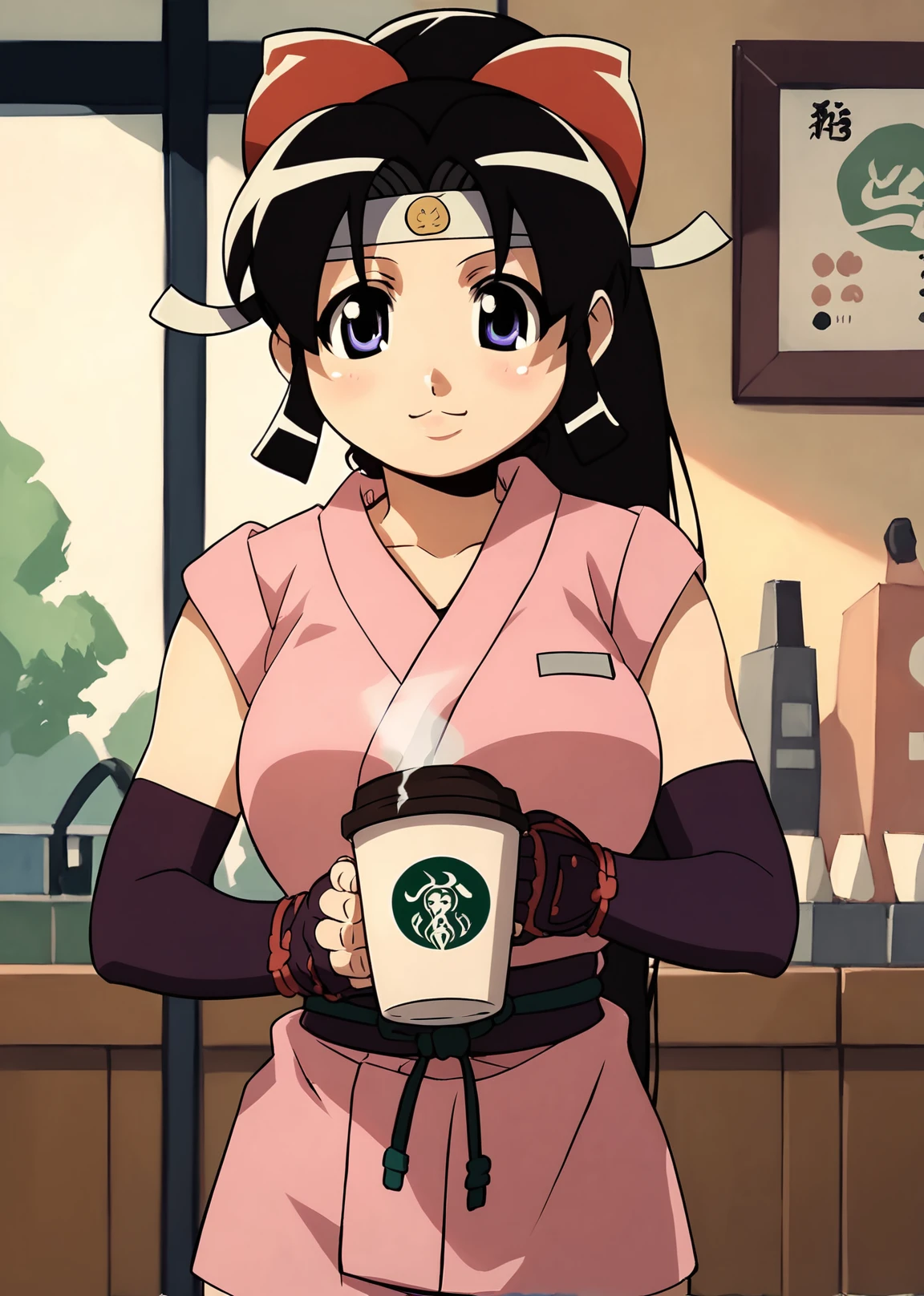score_9, score_8_up, score_7_up, score_6_up, Detailed Background, BREAK
<lora:Shinobu:0.8>, 1girl, Shinobu, japanese clothes, headband, ninja, coffee shop, uniform,