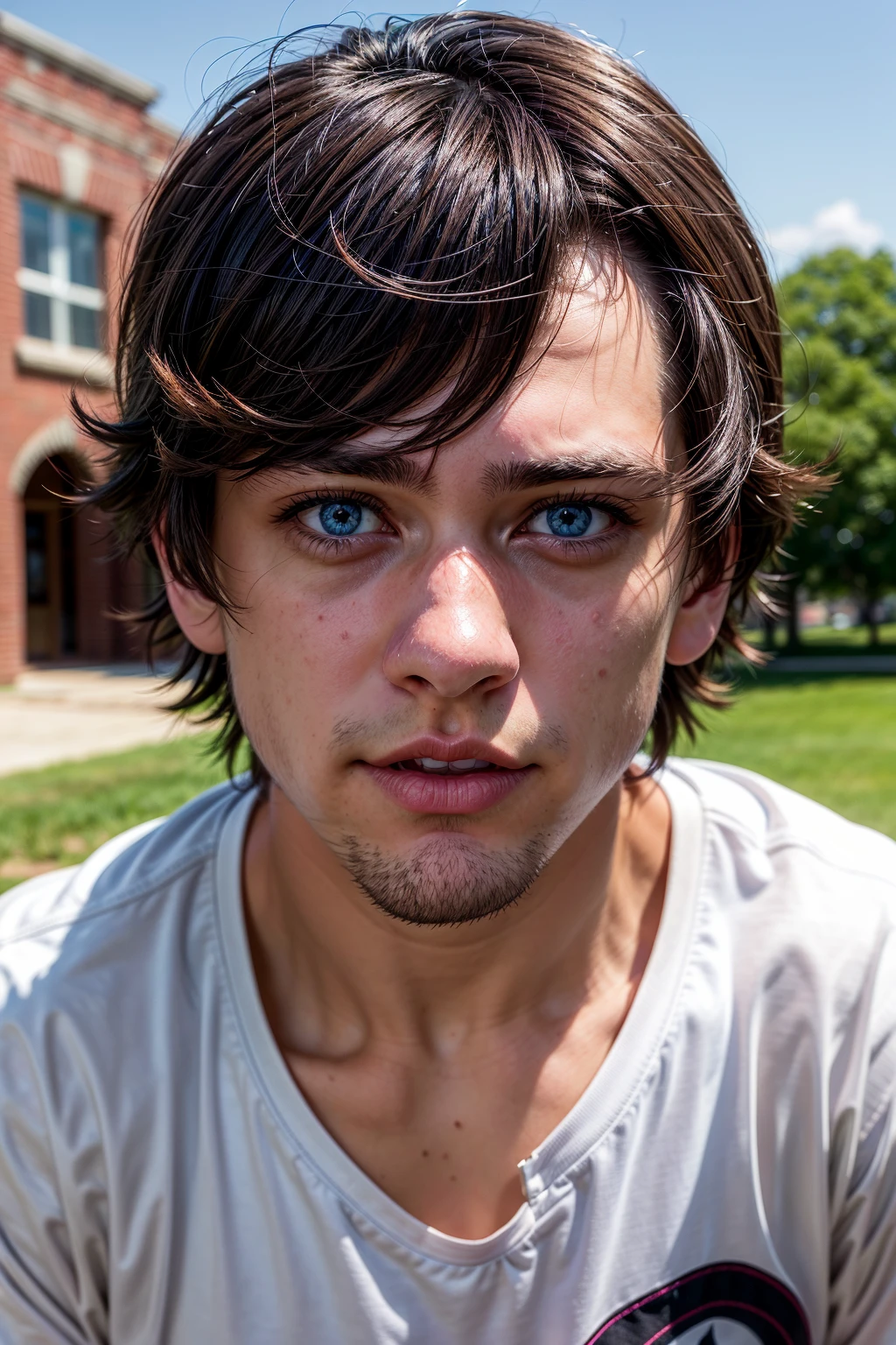 vonhalo, (black hair), shirt, looking at you, blue eyes, teen, young man, stubble, daylight, park, athletic, soft smile, face closeup<lora:EMS-179-EMS:0.700000>, <lora:EMS-368647-EMS:0.800000>