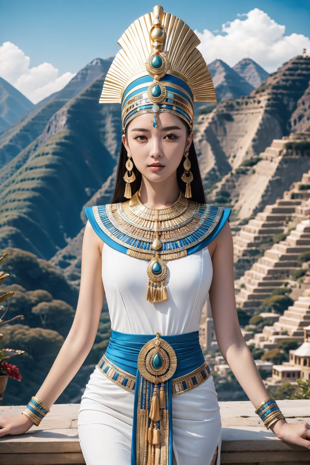 (((ancient egyptian Kalasiris))),(((ancient egyptian queen headpiece))),(((bib necklace))),(((bare inner thigh))),(((bangle))),(((ancient egypt traditional white sheer fabric cape))),ulzzang-6500-v1.1, (Raw photo:1.2), (Photo realistic:1.4), a beautiful detailed girl, extremely detailed eye and face, beautiful detailed eyes, ultra-detailed, High resolution, top-quality, masterpiece, highly detailed, 8k wallpaper, Wonderful, finely detail, top-quality, Light on the face,电影灯光,1girl in,(ancient egypt pyramids and sphinx),Beautiful eyes,smile,Opening Mouth