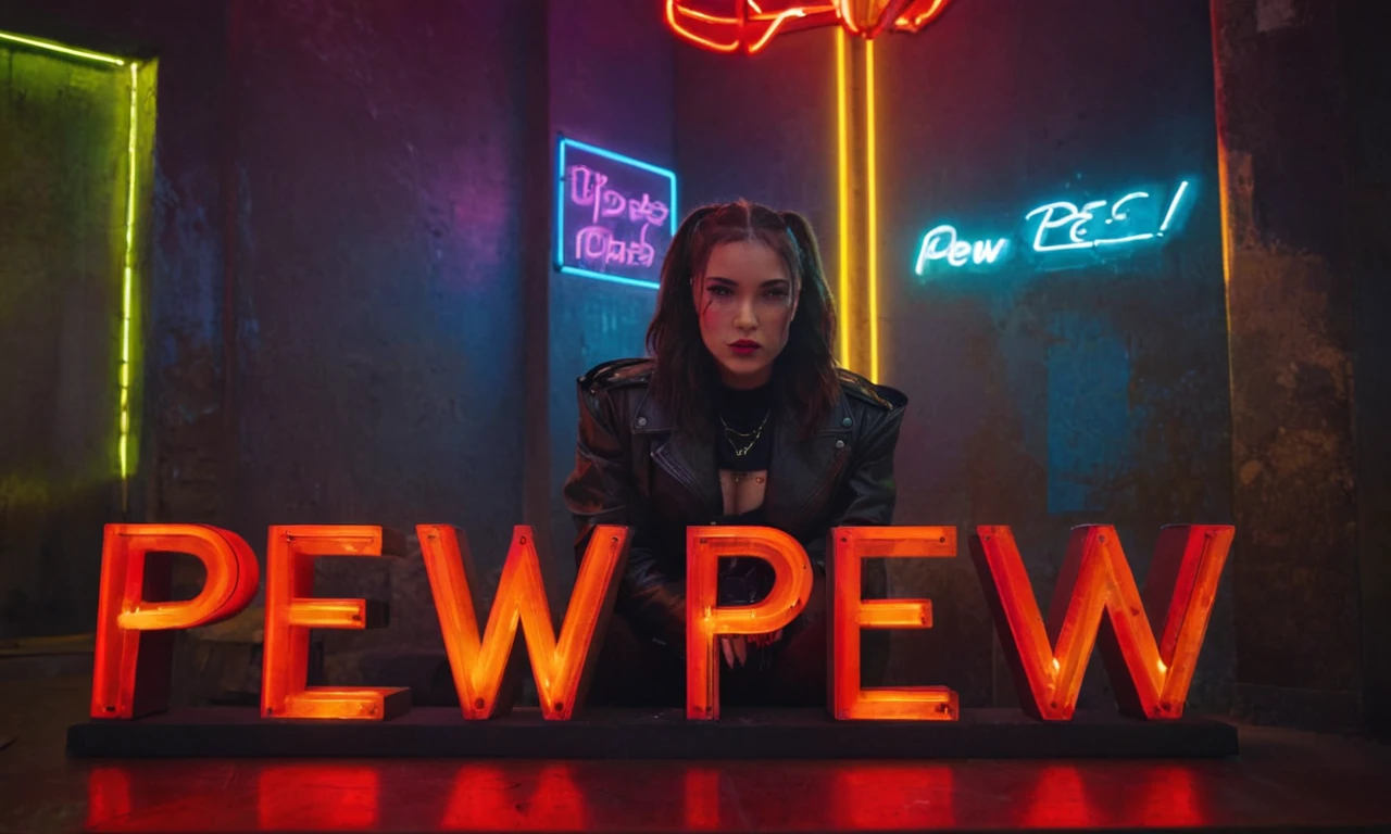 rojwoman, bright neon colored dark photography, cyberpunk gangster vibes, text: PEW PEW PEW !!!
