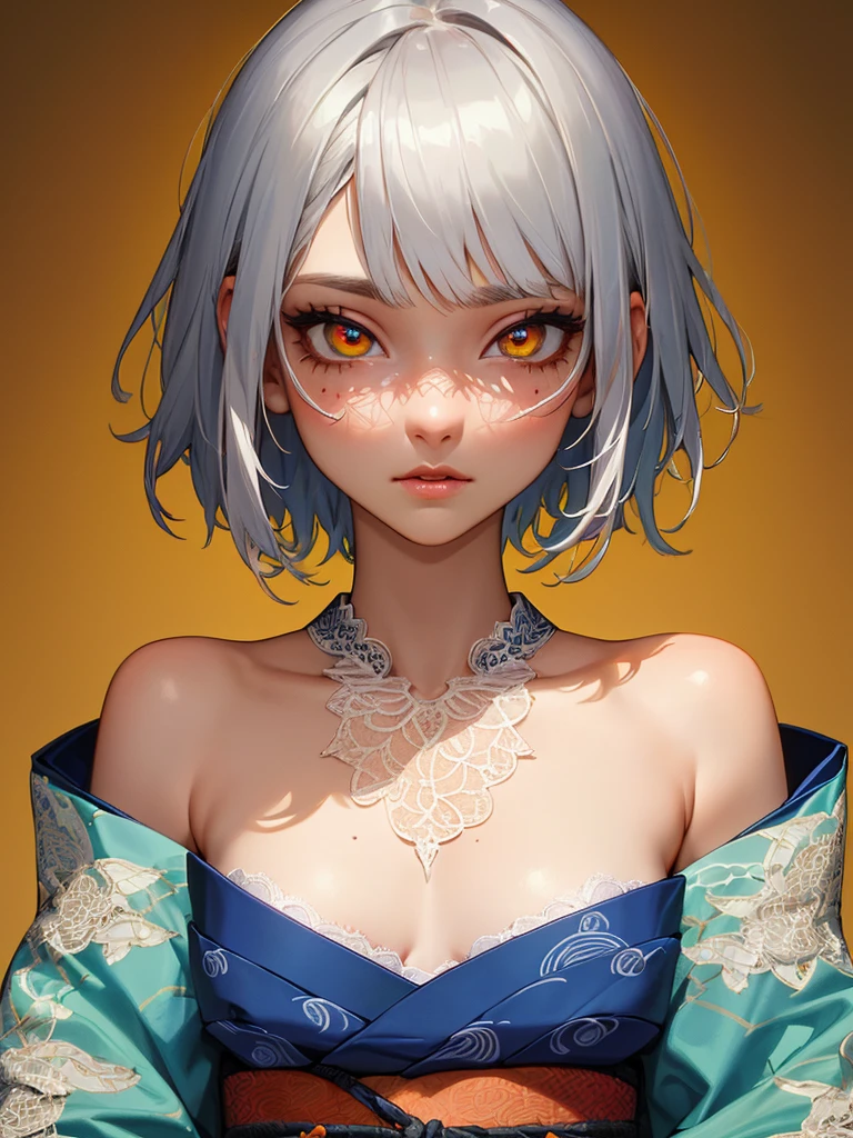 (masterpiece, best quality:1.3),beautiful detailed glow,best illuminate,(((best quality,textile shading,ultra detailed))),,Highly Detailed beautiful and aesthetic,best light,high resolution,detailed,dynamic lighting,super detailed skin,intricate details, hyper detail, sharp detail,detailed, highres, intricate details,(delicate facial features:1.3),
BREAK,
18 yo, ((perfect girl body)), (((messy short hair, silver hair))), ((peal skin)), ((flat chest:1.2)), (glowing azure eyes:1.1), (intricate detail, delicate pattern, rich kimono:1.1), (lace obi:1.3),