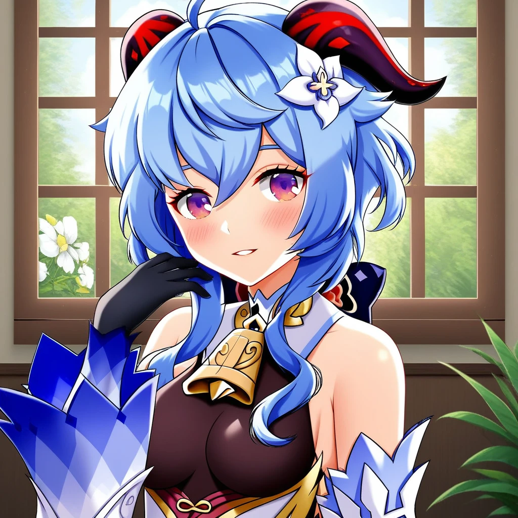 ganyu, 1girl, blue hair, solo, horns, hair ornament, looking at viewer, purple eyes, hair flower, flower, bell, ahoge, detached sleeves, bare shoulders, blush, window, long hair, parted lips, gloves, neck bell, smile, upper body, white flower, sidelocks, medium breasts, indoors, black gloves, hand in own hair, goat horns, cowbell