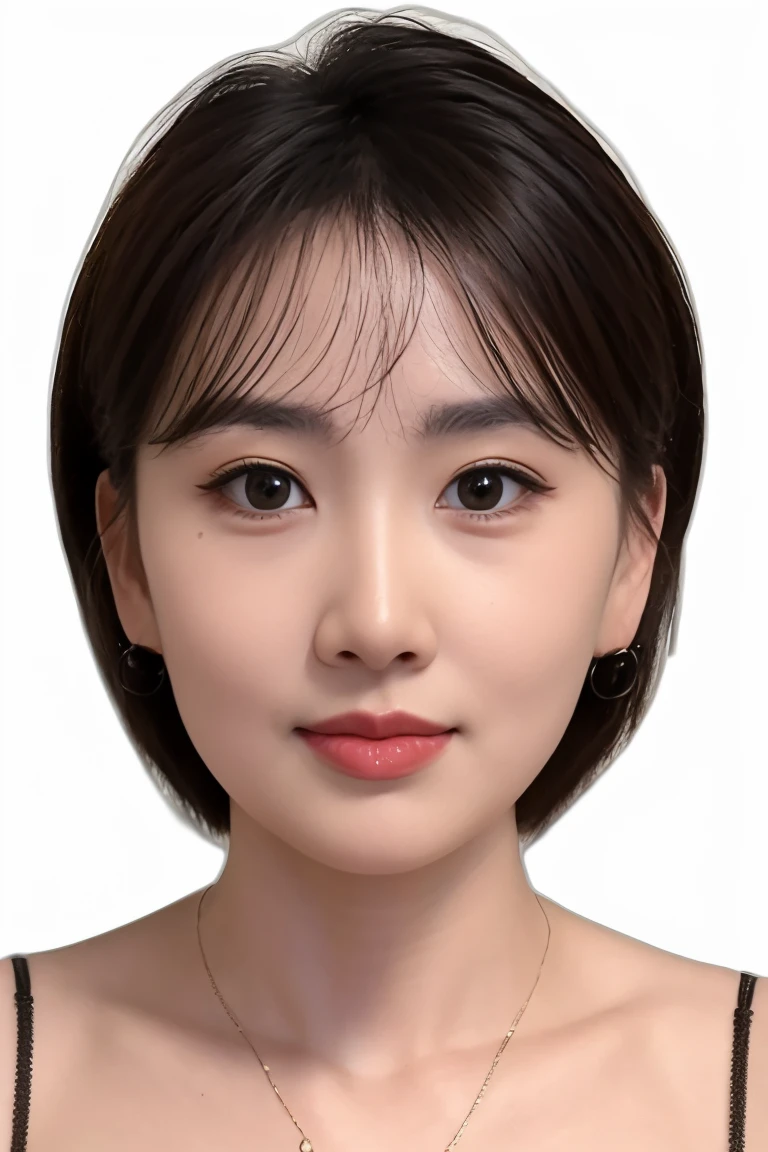 (masterpiece, top quality, best quality, (close-up photograph: 2), ((1girl)), korean, fair skin, (extremely detailed face), ((looking at viewer)), ((((ultra-detailed eyes and pupils)))),((((ultra-detailed lips)))) cheekbone, plump cheeks, ((bare pectorals)), ((bare chest)), ((tube dress)), bare head, ((bare shoulders)), symmetrical frame, (((strapless))), ((closed lips)), (((smile))), ((symmetrical pose)), (symmetrical face: 1.6), 35mm, ((((minimal plain white background)))), ((no lighting)),no watermark, ((medium hair)), <lora:yanluo (2):0.7>