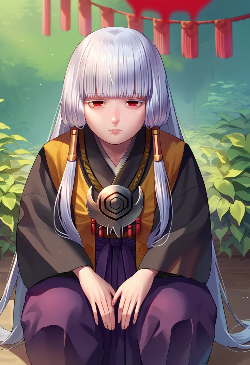 score_9, score_8_up, score_7_up, 1girl, Uematsu Rikako, silver hair, long hair, low twin braids, red eyes, pendant, yellow ribbon, black kimono, purple skirt, squatting, front view, <lora:RIkako 50e-000048:1>