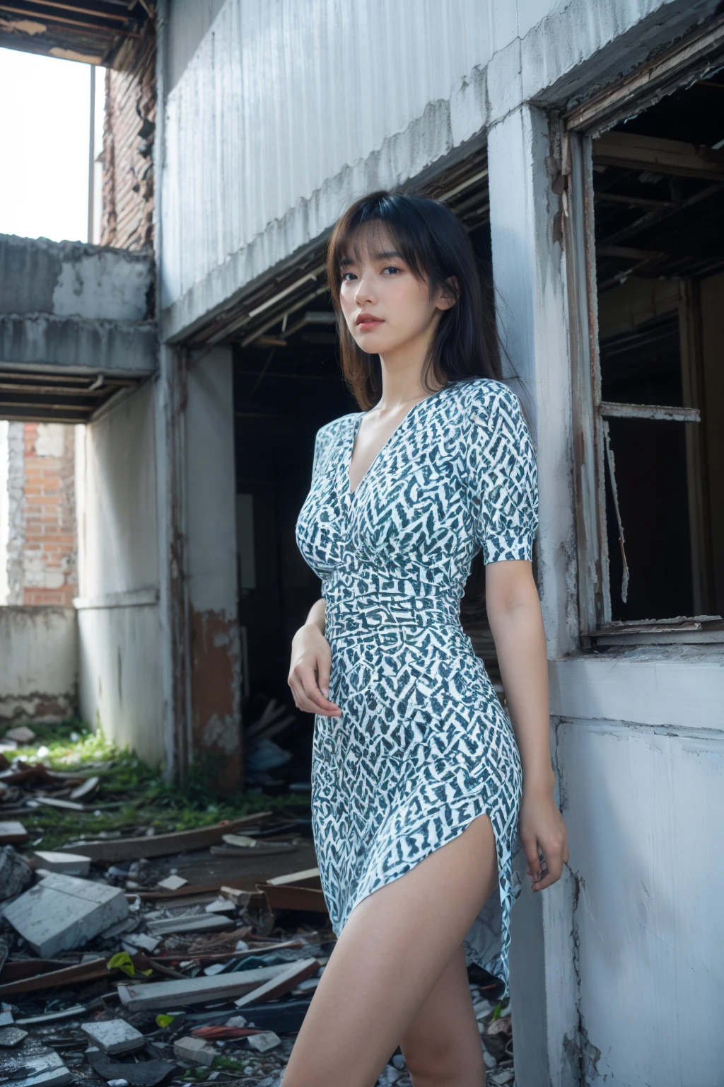 (8k, RAW photo, best quality, masterpiece:1.2,),Realistic,best quality,masterpiece,8K,HDR,RAW,1girl,seductive expression,charming,solo,(model:1.2),(standing),(solo),(Ruins, run-down buildings, abandoned buildings,),large breasts,front view,Looking at the audience,<lora:add_detail:0.6>,<lora:GoodHands-beta2:1>,<lora:ENNE é»ç½çè¢è¿è¡£è£_v10:1>,,short-sleeved dress, chequered with black and white,