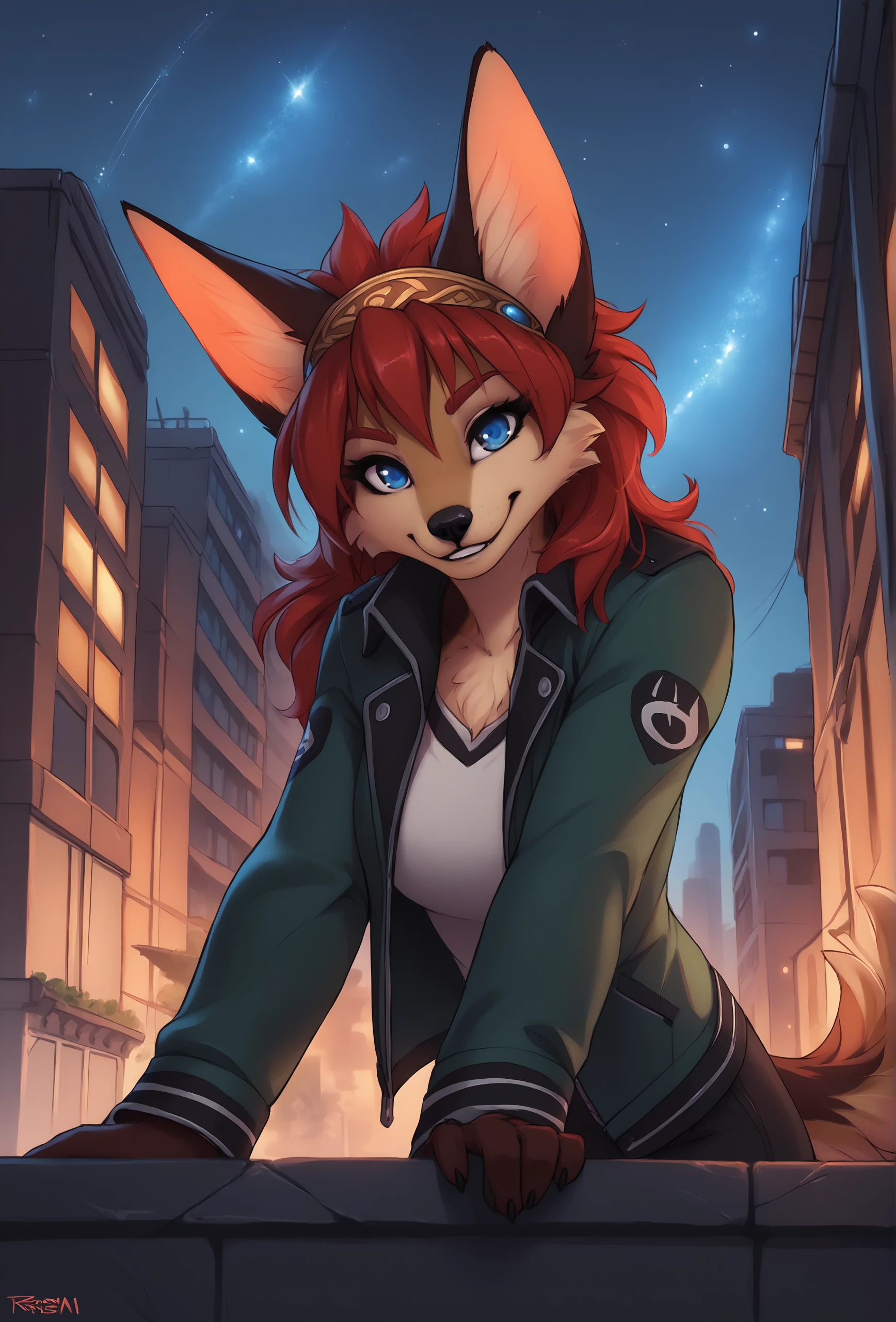 cityscape, urban, night, starry sky, from below, <lora:personalami_style_ponyXL_v1:0.6> personalamistyle, realistic BREAK
<lora:ayn_fluffkevlar_ponyXL_v1.3_0.99:1> ayn, 1girl, furry, blue eyes, red hair, hairband, red eyebrows, long hair, smile, looking at viewer, (leaning, leaning forward:1.2), from side, green jacket, portrait, hair down,