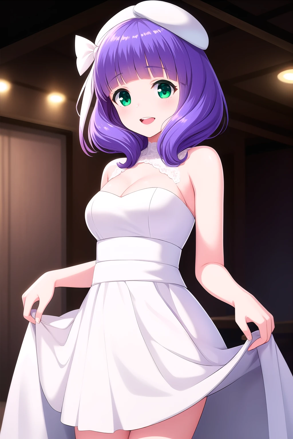 (masterpiece, best quality), highly detailed background, perfect lightingbest quality, kiriyamayuzuki, solo, indoors, stage, idol, white bow, hat bow, beret, white headwear, purple hair, blunt bangs, medium hair, green eyes, medium breasts, white dress, short dress, sleeveless dress, bare shoulders, dress lift, smile, open mouth, :d, pink lips, <lora:Kiriyama-Yuzuki:0.7>