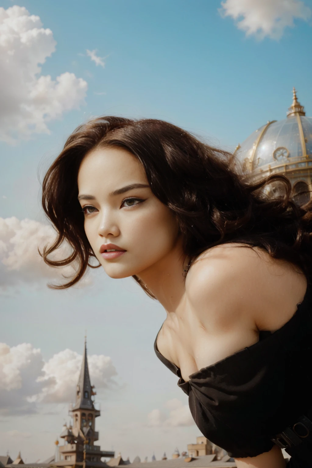best quality, masterpiece, (opt-parisberelc2020s <lora:opt-parisberelc2020s:1>, dark brown hair, hazel eyes), (focus on character:1.1), portrait, (full body:0.6)}, detailed background, detailed face, (<lora:FragRealityTech:0.6>, fragrealitytech theme:1.1), aristocratic pose, awestruck, ruling class, elegant clothing, elegant hat, looking up at floating (cloud city:1.1), utopian cloudtop sky-city, floating platforms, floating buildings, dome, ziplines, propellers, clouds in background, wind blowing, cinematic atmosphere, glowing dark purple lights, , in the style of Ewald Rübsamen, SkinHairDetail, wide angle shot, full body, <lora:ReaLora:0.8>