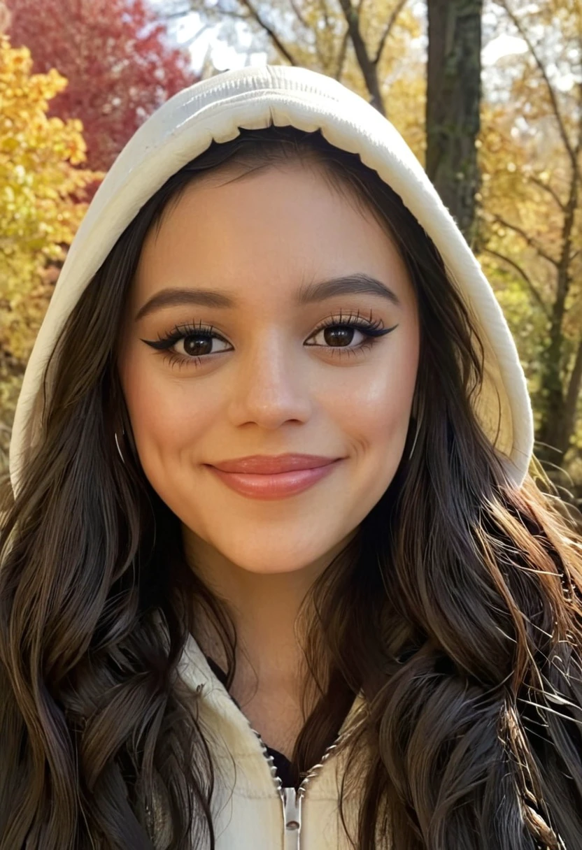 	Jenna, wearing hoodie, forest, fall, leaves, smile, eyeliner, makeup, long hair, upper body, 8k, ultra detailed face, ultra realistic