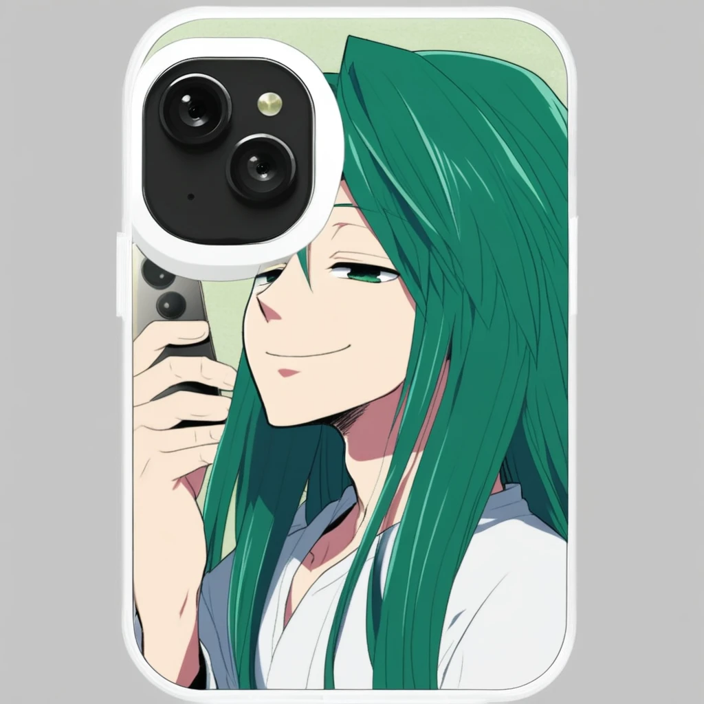 phone, object, 1boy, male focus, solo, smile, half-closed eyes, long hair, green hair