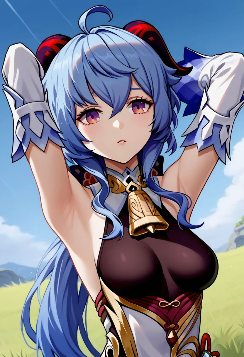 ganyu, 1girl, detached sleeves, solo, horns, looking at viewer, blue hair, ahoge, sidelocks, purple eyes, bell, gloves, long hair, neck bell, armpits, arms up, outdoors, black gloves, white sleeves, medium breasts, sky, hair between eyes, grass, bare shoulders, black bodysuit, parted lips, bodysuit, upper body zPDXL