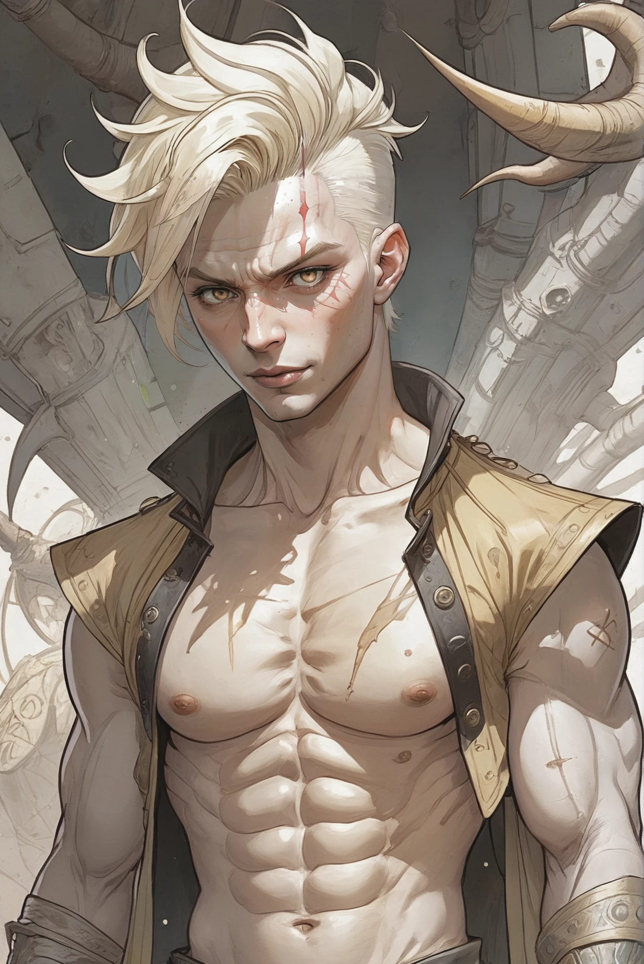 comics style watercolor, sharp outlines, (full body:1.2), 1boy, man, handsome, solo, [:outlandish costume design,:0.2] warlock, albino, beige hair, (athletic:1.1) build<lora:EnvyStarlightComics04x:1>