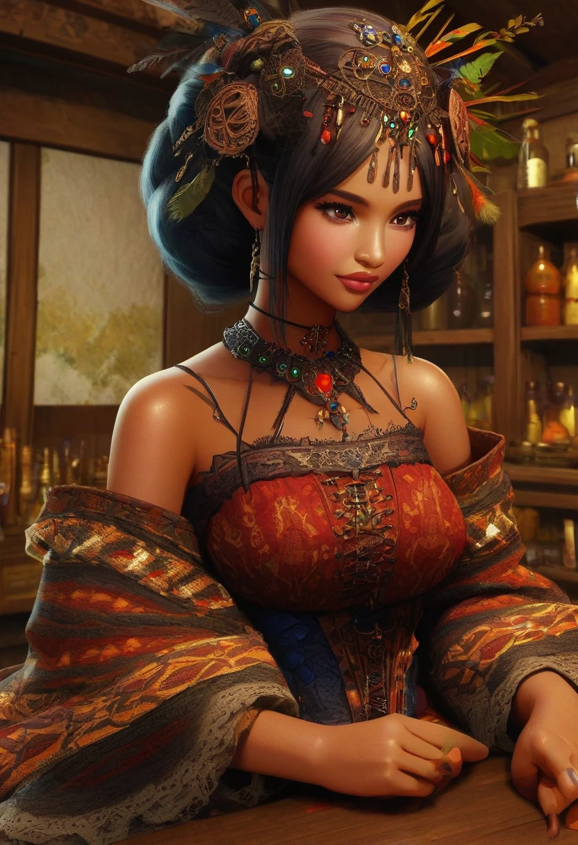 anime, a voodoo woman wearing voodoo style dress, sitting at apothecary table, highly detailed, , (masterpiece, high detail, best quality), anime