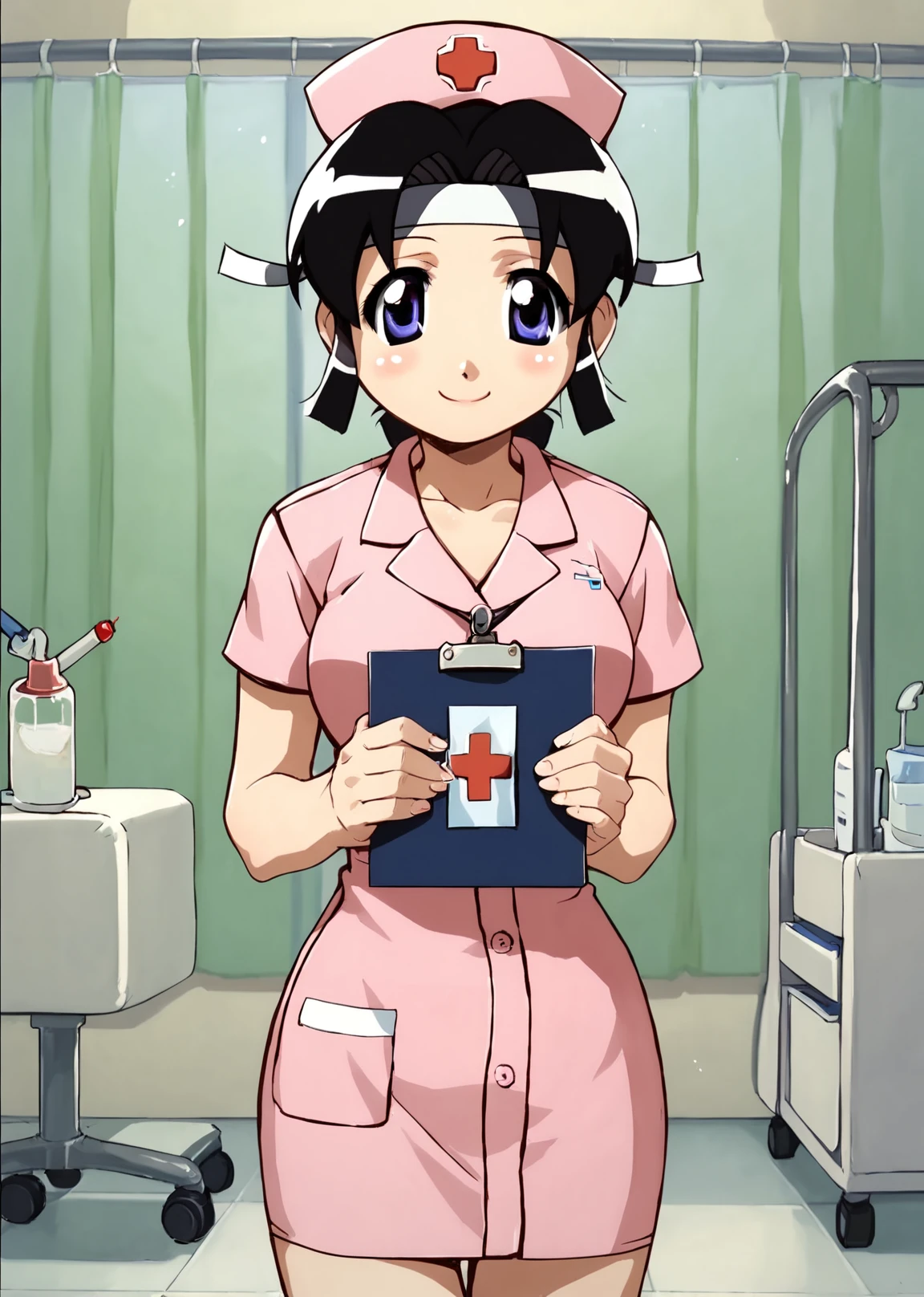 score_9, score_8_up, score_7_up, score_6_up, Detailed Background, BREAK
<lora:Shinobu:0.8>, 1girl, Shinobu, headband, nurse, nurse outfit, hospital room, smiling, holding clipboard, nurse hat,