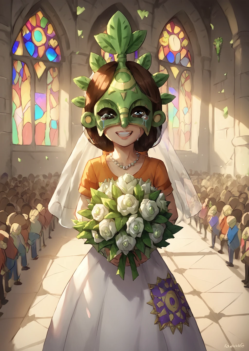 score_9, score_8_up, score_7_up, score_6_up,  <lora:Leafos:0.8> , Leafos, 1girl, solo, mask, white lace wedding dress, marriage, church, indoors, detailed background, smile, tears of joy, crowd, bouquet