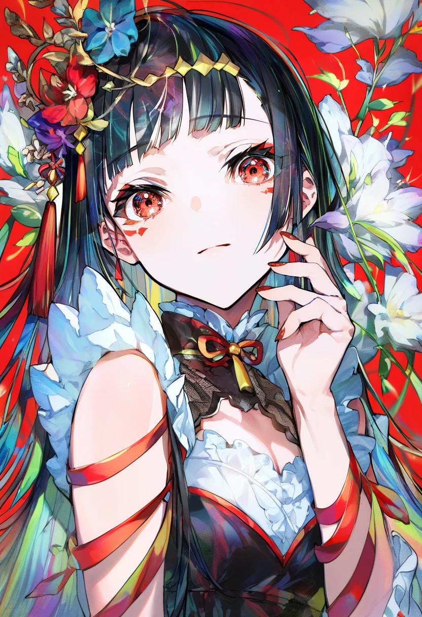 score_9, score_8_up, score_7_up, score_6_up, <lora:MikaPikaZoXL_P6_lokr_V42310:0.95> 1girl, solo, red nails, looking at viewer, bangs, red eyes, long hair, nail polish, black hair, hair ornament, hand up, flower, blunt bangs, closed mouth, tassel, ribbon, portrait, colorful, red background, frills, multicolored hair, upper body, fingernails