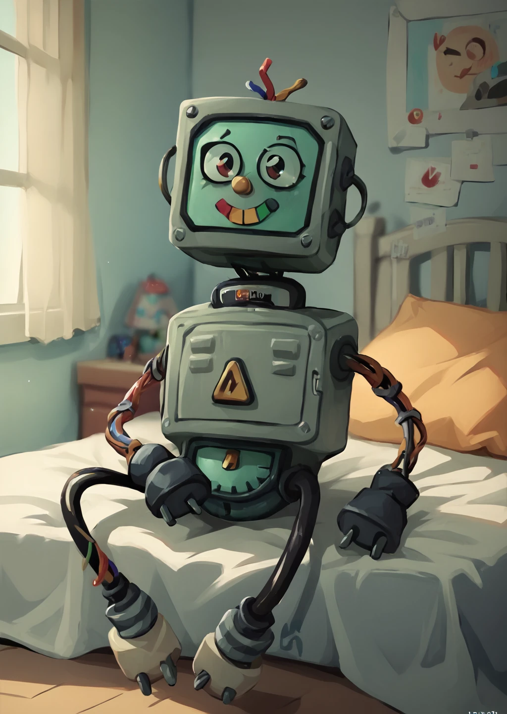 score_9, score_8_up, score_7_up, score_6_up, <lora:Electracey:0.8>, robot, 1girl, solo, bedroom, detailed background,