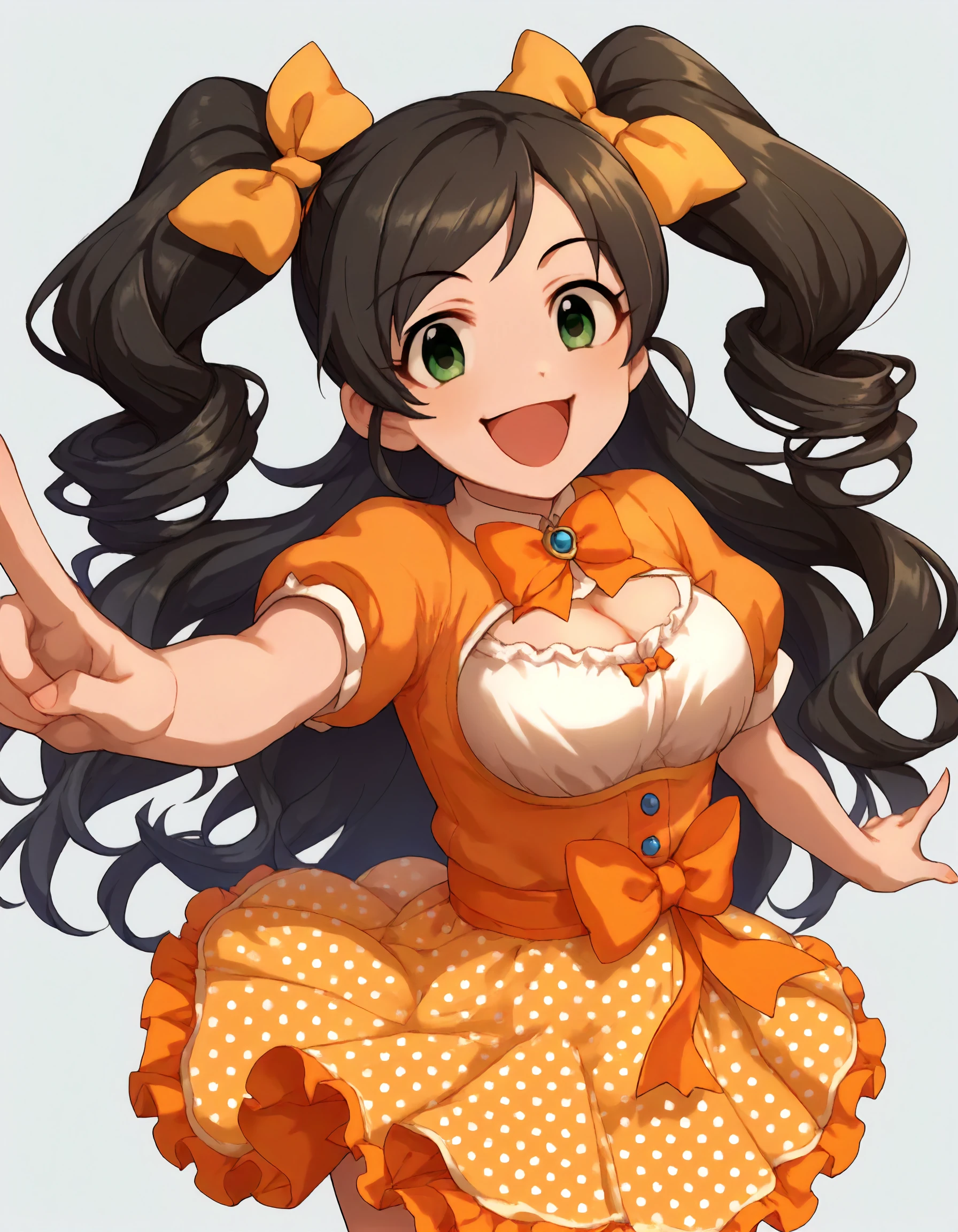 score_9, score_8_up,score_7_up,1girl,solo,cowboy shot,looking at viewer,smile,open mouth,happy,
<lora:nonomurasora_ponyXLV6:0.8>,cgns,black hair,long hair,twintails,green eyes,
orange hair bow,
cleavage cutout,orange polka dot skirt