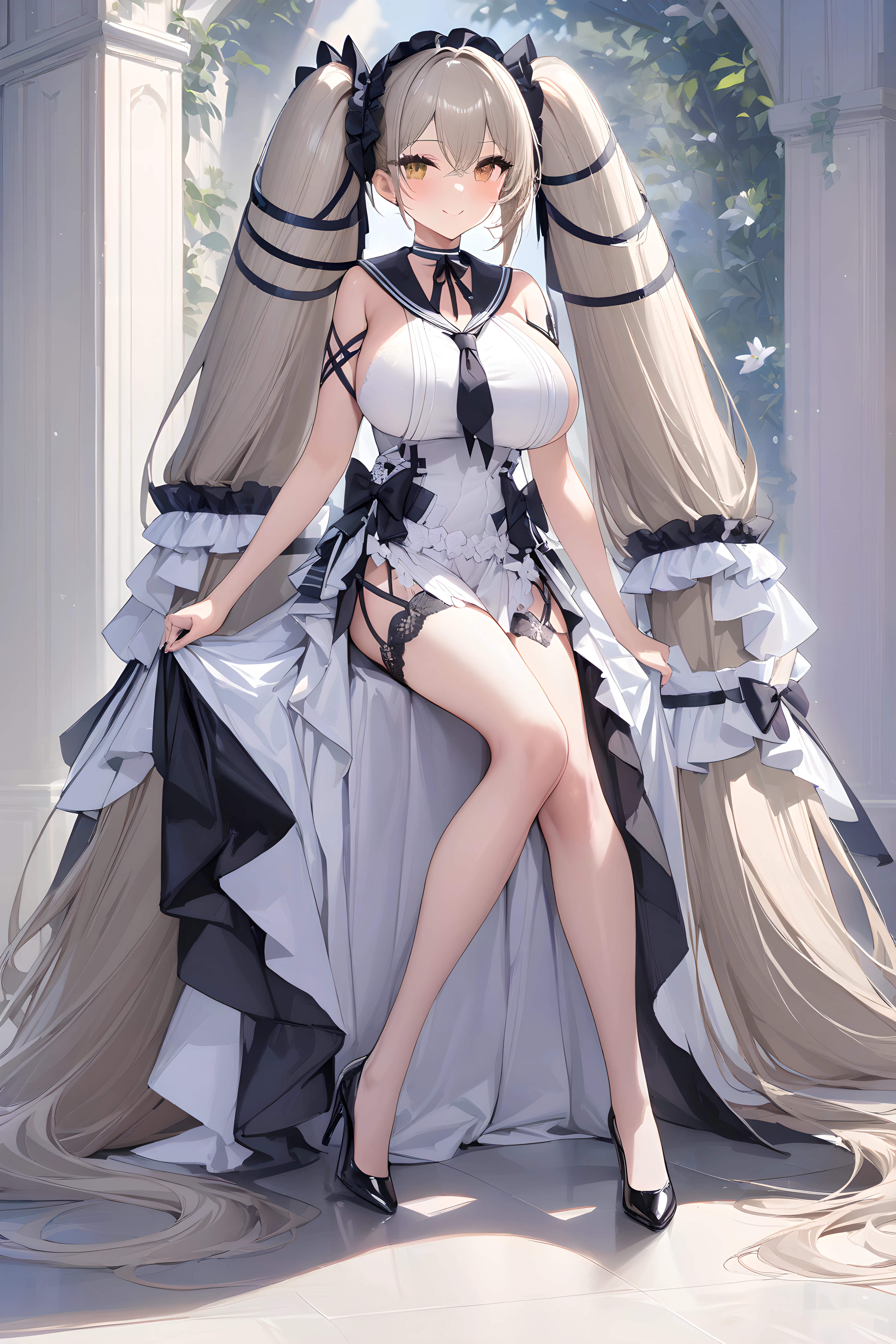 (masterpiece),(best quality),(ultra-detailed),(best illustration),(best shadow),(absurdres),(detailed background),(very aesthetic), formidable, 1girl, long hair, absurdly long hair, dress, solo, very long hair, breasts, twintails, white dress, official alternate costume, full body, black footwear, simple background, high heels, black sailor collar, timeless_classics, smile,  <lora:formidablebooru:1>