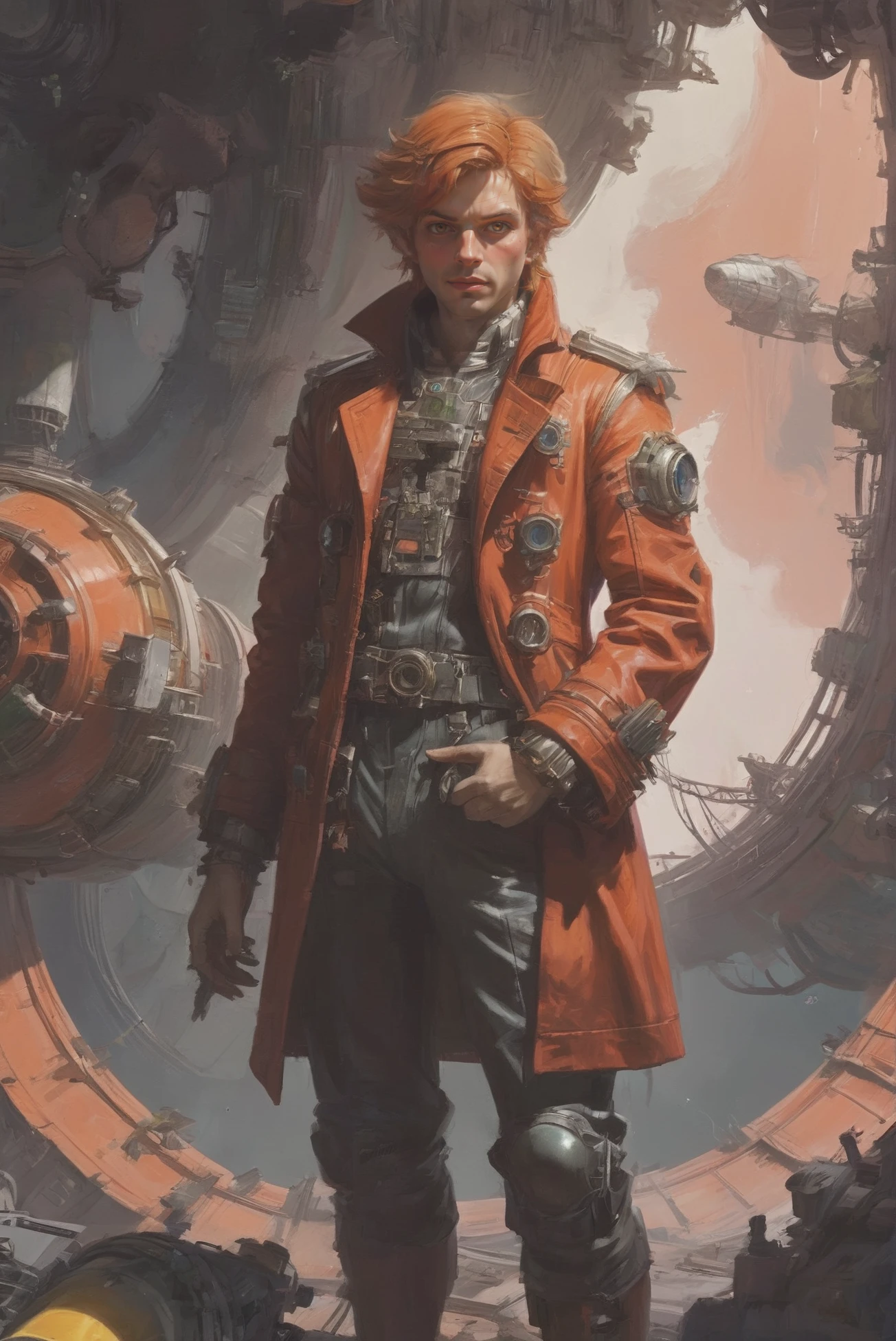 1970s scifi book cover, oil painting, (full body:1.2), 1boy, man, handsome, solo, [:fantastical costume design,:0.2] engineer, dark darksalmon longcoat, caucasian, light maroon hair, (slim:1.3) build<lora:EnvyStarlight70sScifiBookCover01:1.2>