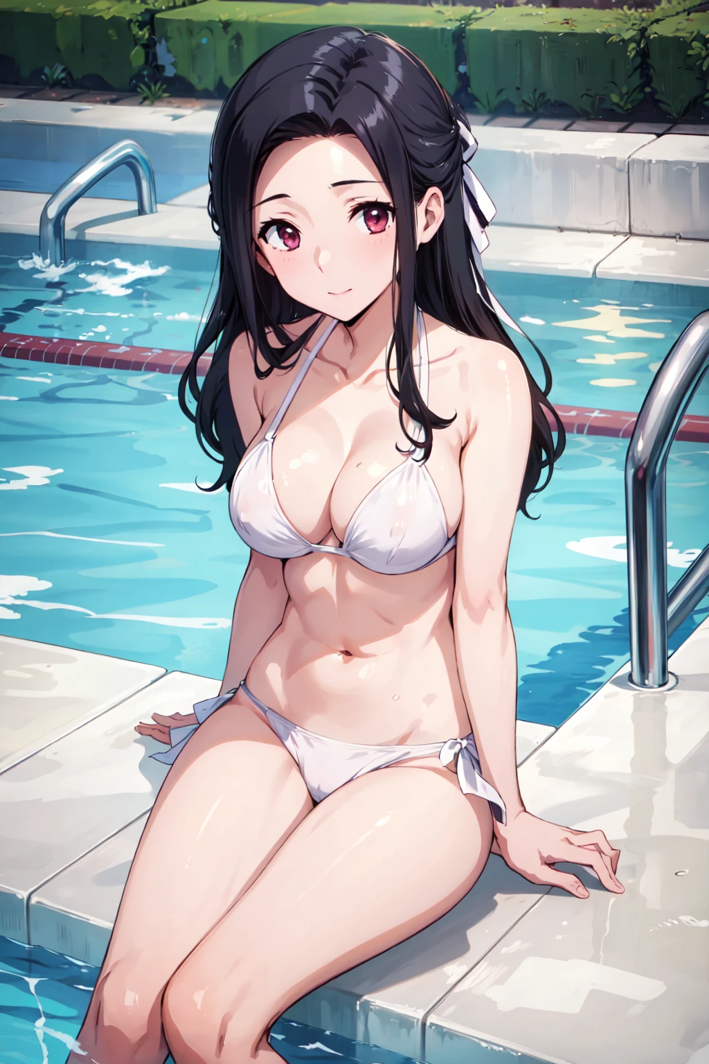 runashirakawa, 4k, absurd, high resolution, very high resolution, high definition, masterpiece, upper body, white bikini, pool, v-arms, sitting, v legs<lora:EMS-372498-EMS:0.700000>