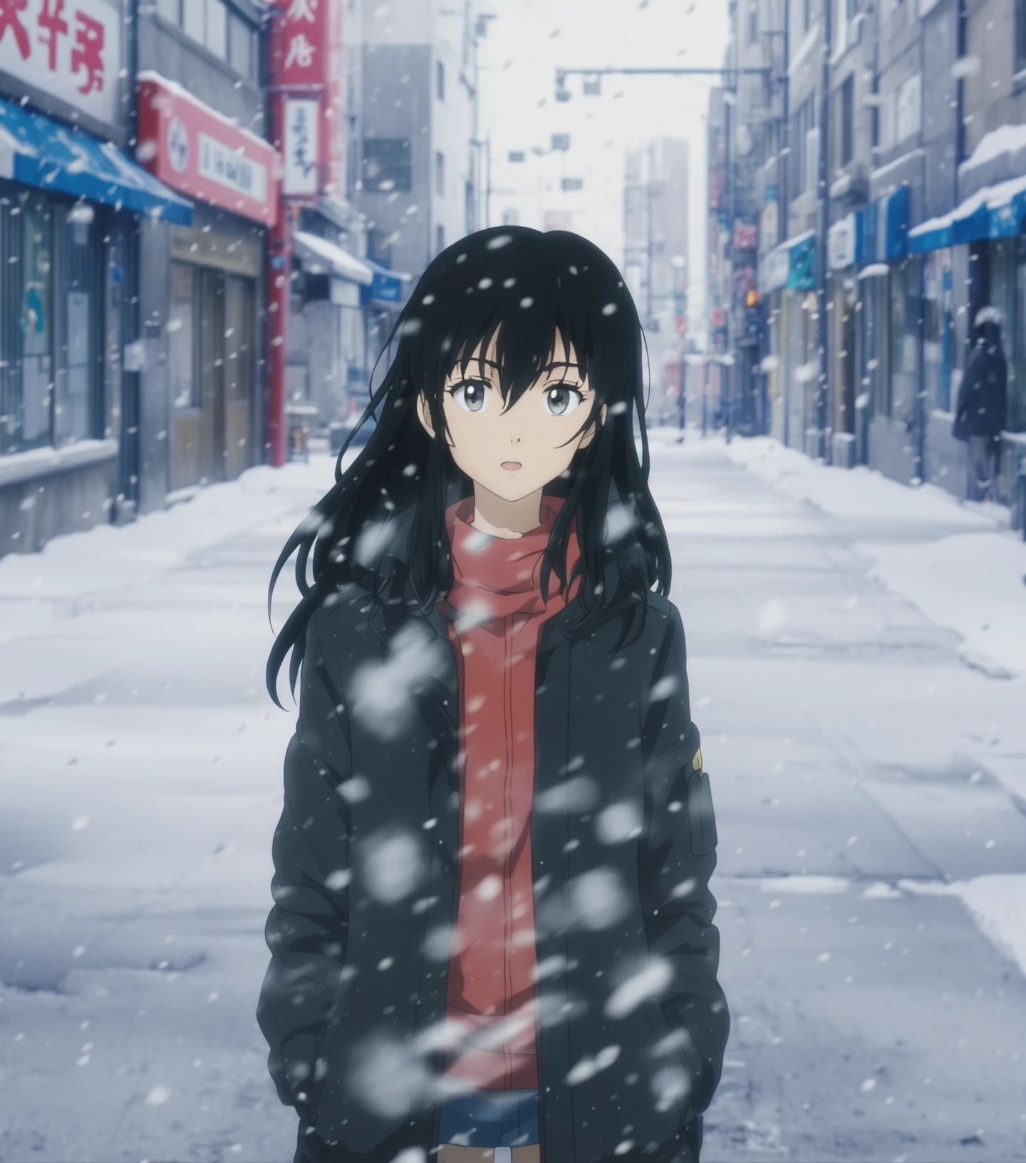 anime style, screencap, anime cells, 1girl, black hair, in the snow, city street