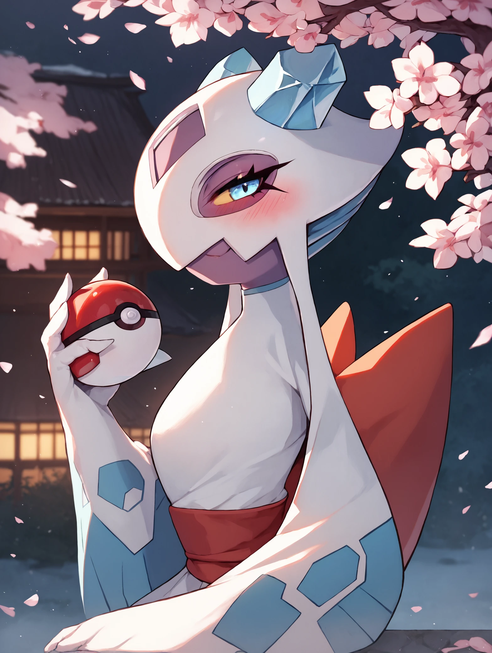 score_9, score_8_up, score_7_up, score_6_up, score_5_up, best quality, highres, cherry blossoms, BREAK
<lora:froslass3ksteps:1>,
1girl female, pokemon \(creature\), (froslass:1.1), white kimono, red sash, looking at viewer, holding poke ball, narrowed eyes, smug, upper body, from side, blush