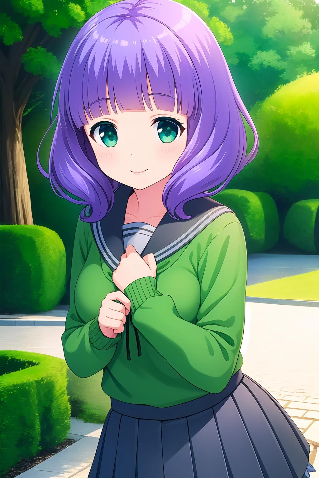 (masterpiece, best quality), highly detailed background, perfect lightingbest quality, kiriyamayuzuki, solo, outdoors, school, nature, purple hair, blunt bangs, medium hair, green eyes, medium breasts, green serafuku, green sweater, green sailor collar, neck ribbon, black ribbon, long sleeves, grey skirt, pleated skirt, smile, closed mouth, :), pink lips, <lora:Kiriyama-Yuzuki:0.7>