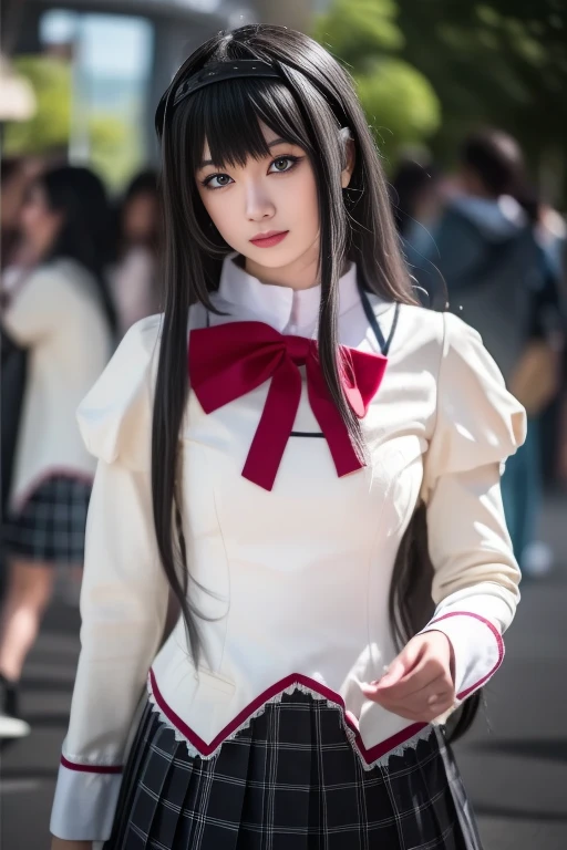 ltra-detailed,highly detailed,best quality,masterpiece,illustration,realistic,photorealistic,
akemi, akemi homura, magical girl,
1girl, solo, cosplay,
mitakihara school uniform, plaid skirt, pleated skirt,
neck ribbon,
bangs, long hair, black hair,
looking at viewer, upper body,
outdoors, shadow, tree, night, city lights,
<lora:akemi_v1_07:0.9>
