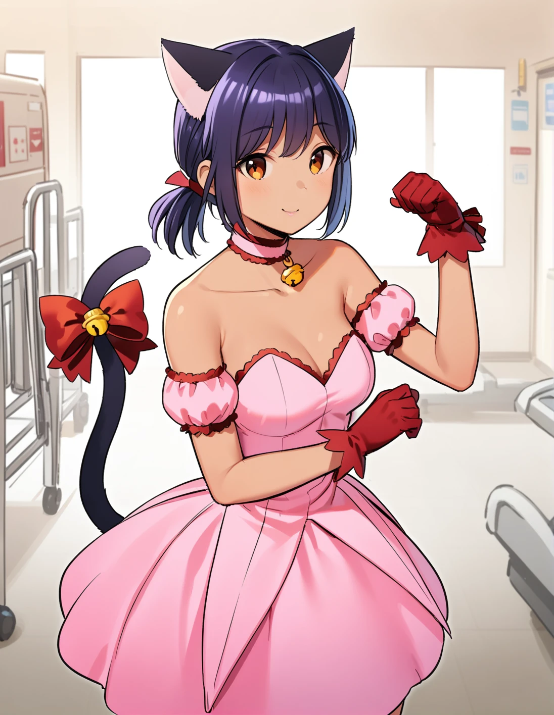 1girl, solo, <lora:sdxl-lyco-mew_ichigo-cosplay-animagine_xl_3_1-AdamW8bit-v1-1-1:1:lbw=0,0,0,0,0,0,0,0,1,1,0,0,0,0,1,1,1,0,0,0,0,0,0,0,0,0>, mew_ichigo_cosplay, short ponytail, dark blue hair, dark skin , , tail bow, gloves, cat tail, red gloves, tail bell, choker, detached sleeves,pink dress, strapless, relaxed posture, elbows extended, standing, ,,smile, best quality, very aesthetic, ultra-detailed, intricate details, 4k,BREAK in a hospital