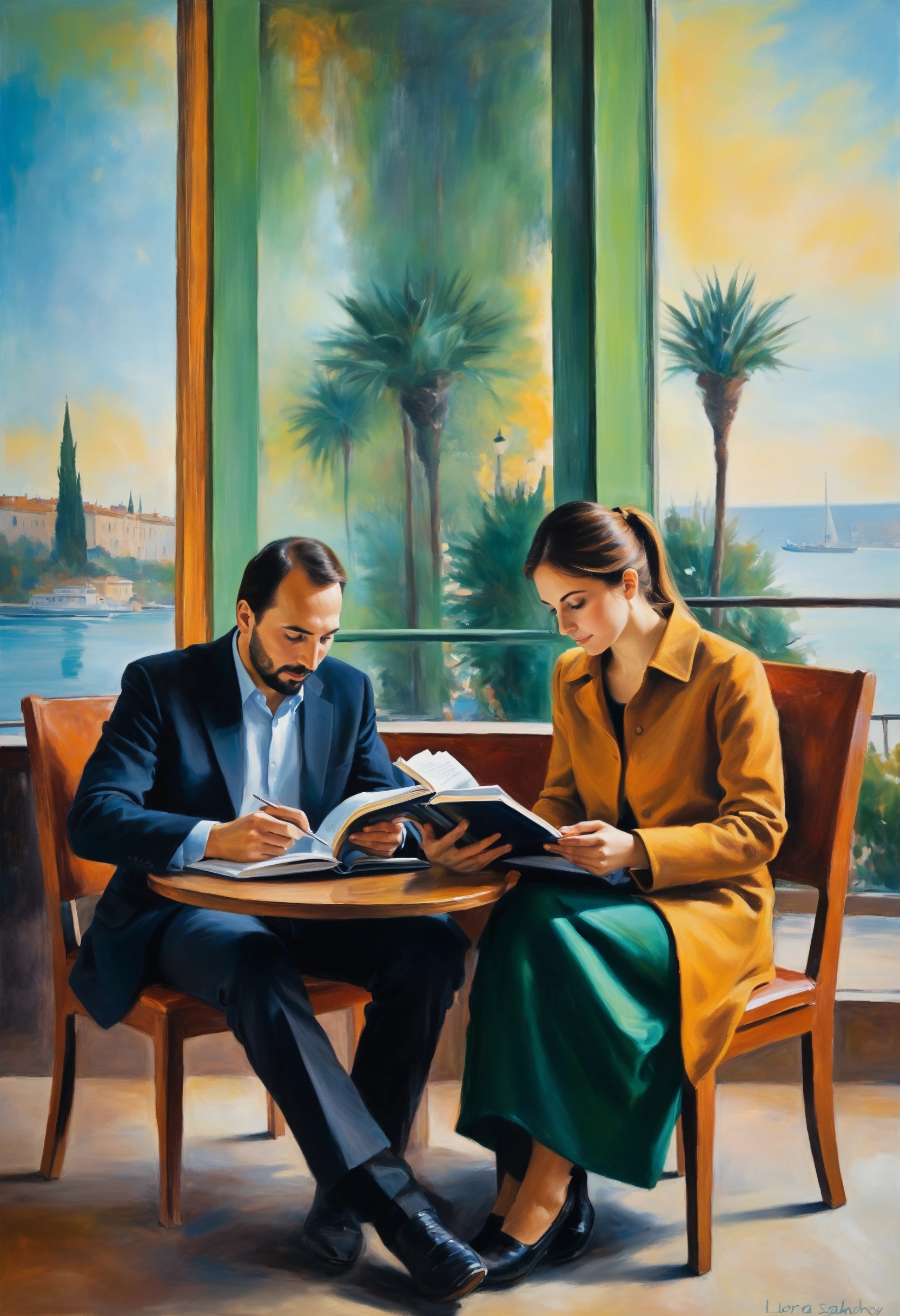 1man and 1woman reading, books, in cafe <lora:tahir_salahov_style:0.8>