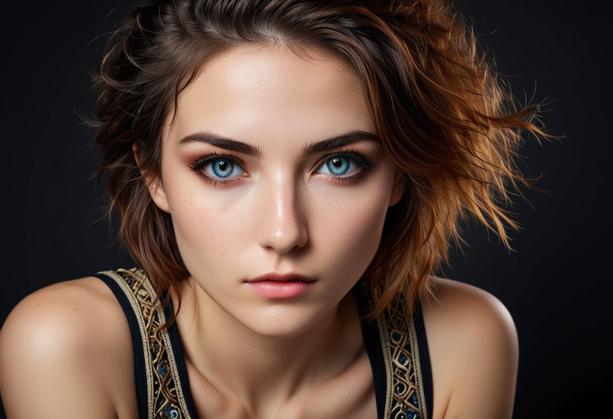 portrait photograph of a beautiful irl woman, irl, tank top, upper body shot, intricately detailed pupils, rough skin,