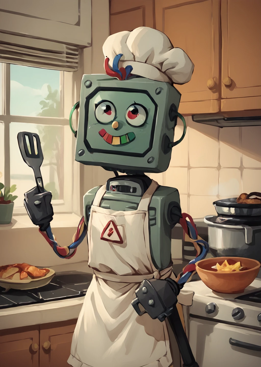 score_9, score_8_up, score_7_up, score_6_up, <lora:Electracey:0.8>, robot, 1girl, solo, kitchen, chef hat, apron, cooking, detailed background