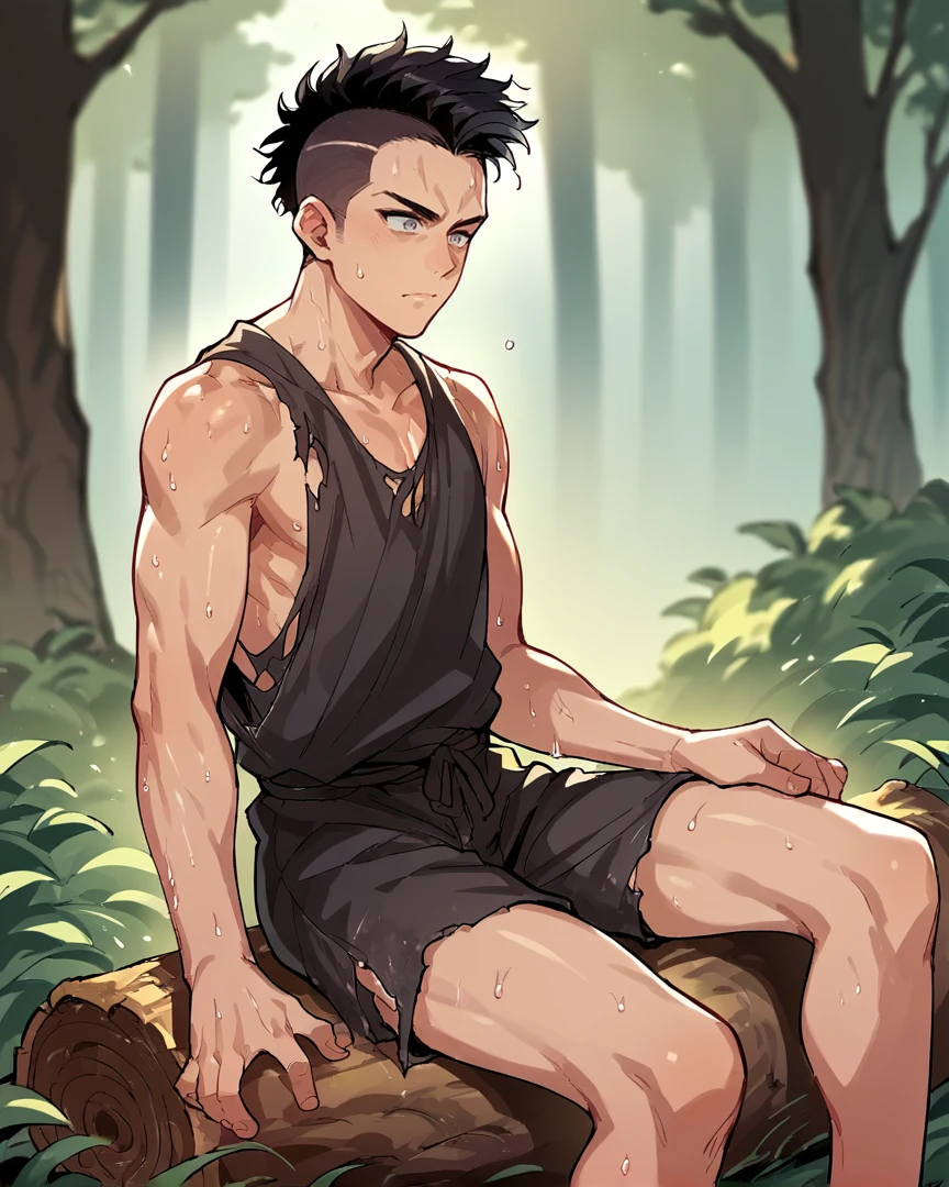 1boy, solo, black hair, mohawk, grey eyes, one-piece rags, torn clothing, sweat, sitting on log, outside, <lora:Rags__Slave_clothing_Lora_Pony-000006:1>,, , score_9, score_8_up, score_7_up, score_6_up, score_5_up, score_4_up, source_anime,masterpiece,