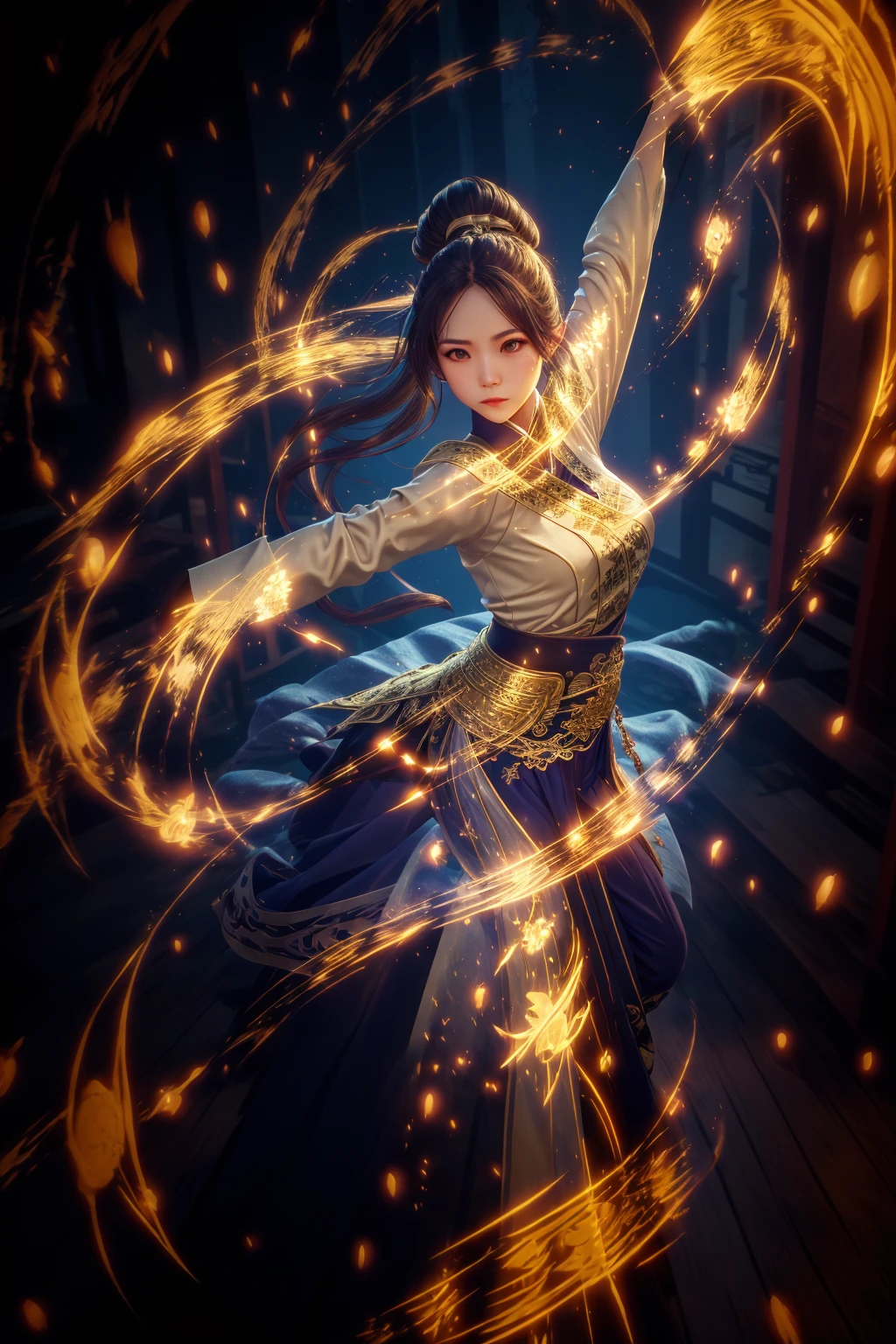 golden-aura,using golden-magic,golden-magic,ancient-costume,dancing,fighting stance,1girl,solo,<lora:magic_fighting_golden_512_15:0.8>,