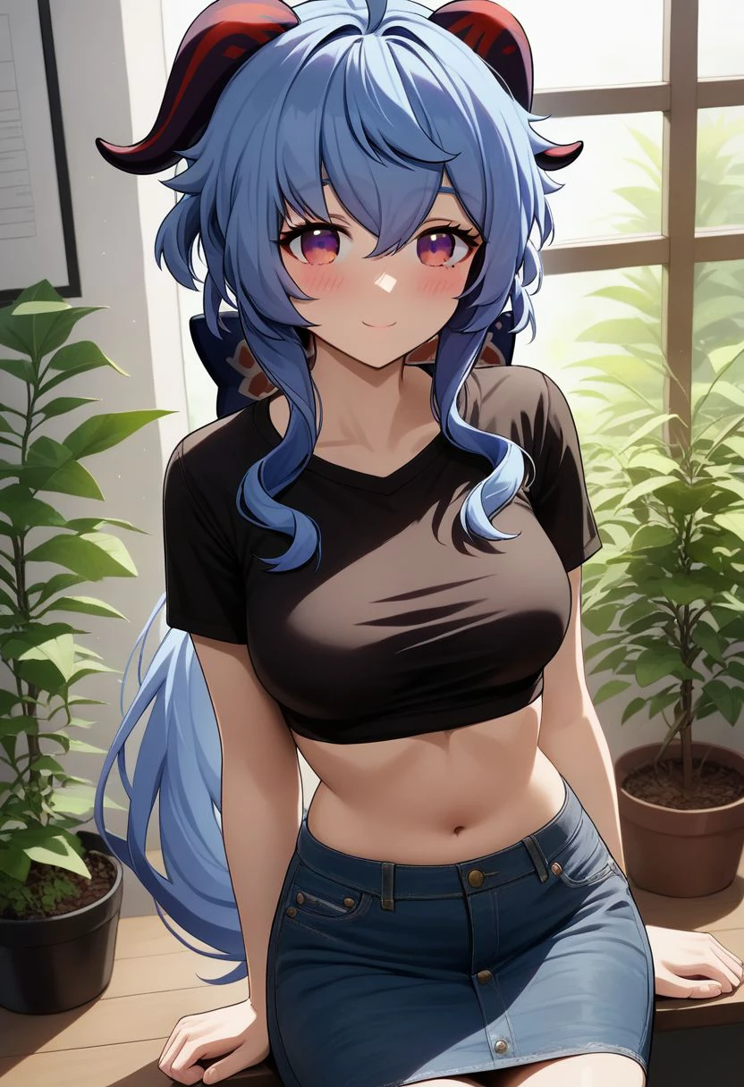 ganyu, 1girl, solo, horns, long hair, blue hair, underwear, ahoge, skirt, looking at viewer, smile, shirt, crop top, denim skirt, blush, purple eyes, sidelocks, alternate costume, medium breasts, plant, indoors, multicolored eyes, closed mouth, goat horns, gradient eyes,  zPDXL