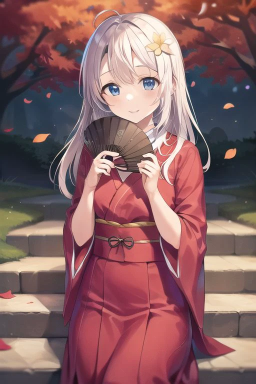 (masterpiece),shimotsuki shiho, blue eyes, white hair, 1girl, long hair, solo, hair ornament, hand fan, japanese clothes, petals, tree, smile, hair flower, floral print, flower, night, stairs