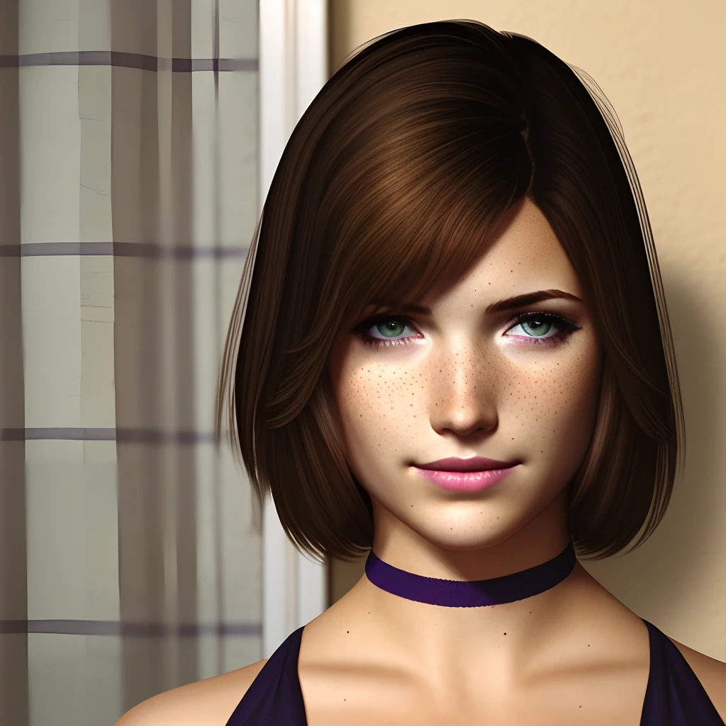 sh4eileengalvin, 1girl, looking at viewer, bare shoulders, medium breasts, short hair, brown hair, green eyes, purple dress, black choker, realistic, skin unperfections, natural skin pores, freckles, mole under mouth, best quality, masterpiece, filmgrain, grunge, <lora:SH4_EileenGalvin_by_vinrax:1>